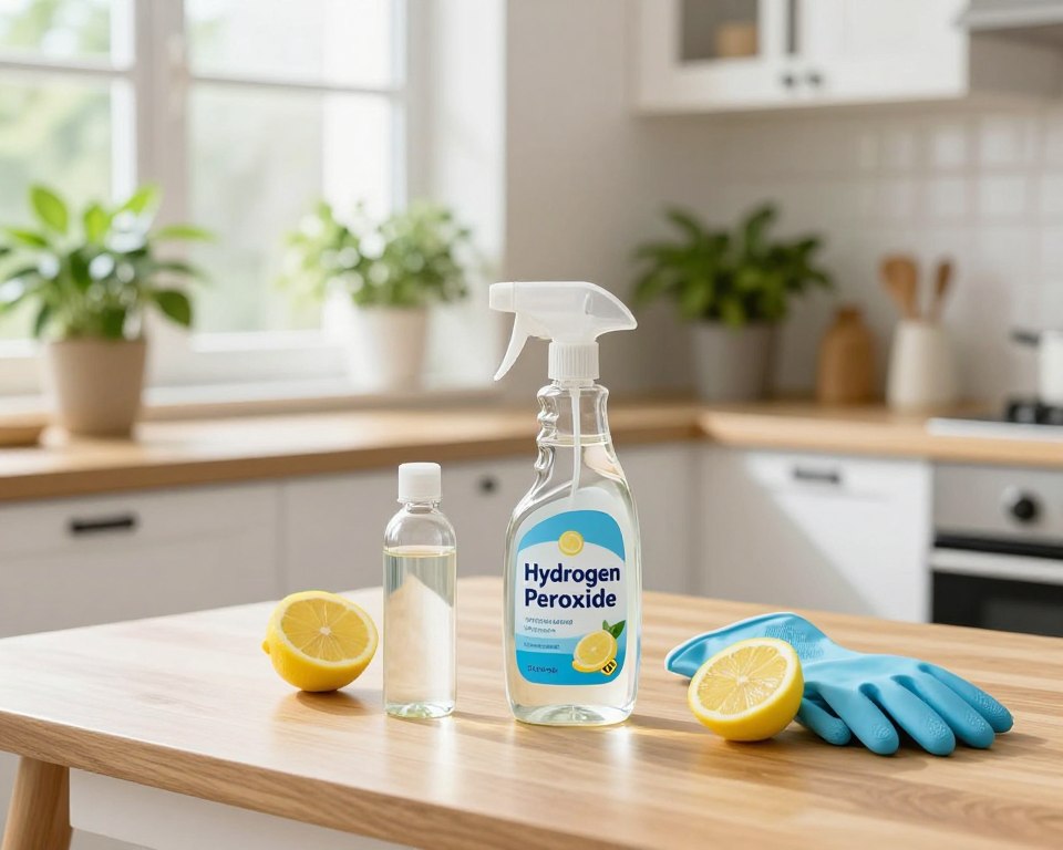 A bright, well-organized kitchen scene showcasing safe cleaning methods with hydrogen peroxide. In the foreground, a stylish wooden table holds various cleaning supplies: a clear spray bottle labeled “Hydrogen Peroxide”, a smaller bottle of vinegar, and fresh lemon slices for natural fragrance. A pair of rubber gloves lies nearby, suggesting readiness for cleaning. In the middle ground, natural light streams through a window, illuminating fresh green plants on a windowsill, emphasizing a clean and fresh atmosphere. The background features a tidy kitchen with white cabinets, potted herbs, and sparkling countertops, conveying a sense of order and cleanliness. The mood is uplifting, bright, and inviting, perfect for demonstrating safe and effective cleaning tips. A bright, well-organized kitchen scene showcasing safe cleaning methods with hydrogen peroxide. In the foreground, a stylish wooden table holds various cleaning supplies: a clear spray bottle labeled “Hydrogen Peroxide”, a smaller bottle of vinegar, and fresh lemon slices for natural fragrance. A pair of rubber gloves lies nearby, suggesting readiness for cleaning. In the middle ground, natural light streams through a window, illuminating fresh green plants on a windowsill, emphasizing a clean and fresh atmosphere. The background features a tidy kitchen with white cabinets, potted herbs, and sparkling countertops, conveying a sense of order and cleanliness. The mood is uplifting, bright, and inviting, perfect for demonstrating safe and effective cleaning tips.