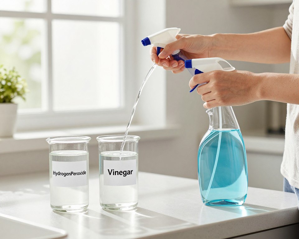 A bright, well-organized kitchen setting with a clean countertop. In the foreground, two clear glass containers labeled "Hydrogen Peroxide" and "Vinegar," with the liquids visibly distinct inside. A full spray bottle is also present, demonstrating the DIY cleaning process. In the middle ground, a pair of hands in modest casual clothing are pouring the two liquids into the spray bottle, emphasizing the action of mixing. The background features a window with natural light streaming in, creating an inviting atmosphere. Soft shadows accentuate the cleanliness of the space, while vibrant colors reflect freshness. The overall mood is educational and slightly cautionary, illustrating the idea of mixing these substances with a hint of skepticism. A bright, well-organized kitchen setting with a clean countertop. In the foreground, two clear glass containers labeled "Hydrogen Peroxide" and "Vinegar," with the liquids visibly distinct inside. A full spray bottle is also present, demonstrating the DIY cleaning process. In the middle ground, a pair of hands in modest casual clothing are pouring the two liquids into the spray bottle, emphasizing the action of mixing. The background features a window with natural light streaming in, creating an inviting atmosphere. Soft shadows accentuate the cleanliness of the space, while vibrant colors reflect freshness. The overall mood is educational and slightly cautionary, illustrating the idea of mixing these substances with a hint of skepticism.