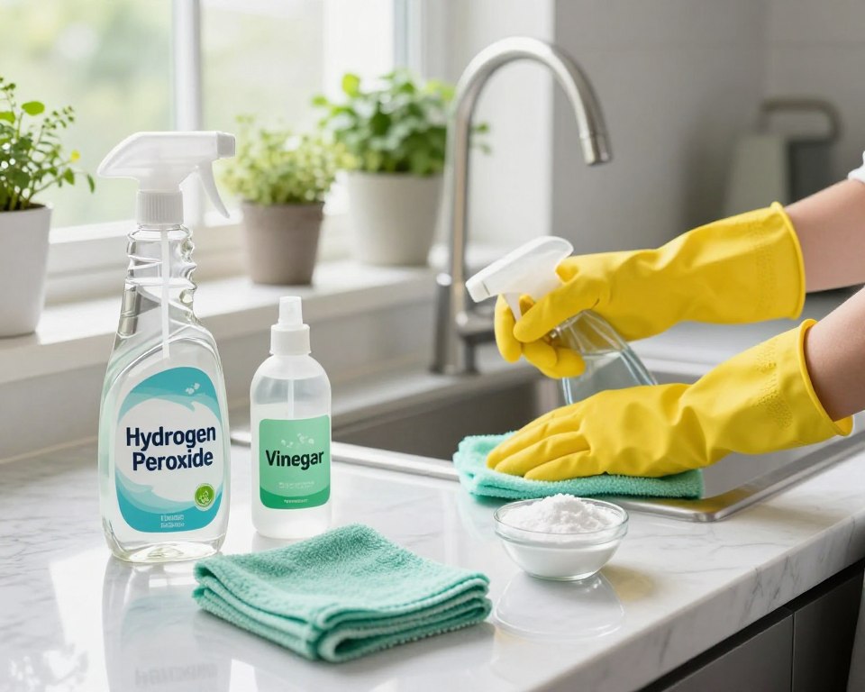A bright, well-organized kitchen with a clean, modern aesthetic. In the foreground, a large clear glass spray bottle labeled 'Hydrogen Peroxide' and a smaller bottle labeled 'Vinegar' sit on a marble countertop. Beside them, a soft, reusable cleaning cloth and a small bowl of baking soda are arranged neatly. In the middle ground, a pair of hands wearing yellow rubber gloves is busy cleaning a sparkling kitchen surface, with gentle focus on the action of spraying vinegar on a countertop. In the background, natural light streams through a window, illuminating potted herbs on the windowsill, creating a fresh and inviting atmosphere. The overall mood conveys cleanliness, safety, and eco-friendliness, emphasizing effective household cleaning techniques. A bright, well-organized kitchen with a clean, modern aesthetic. In the foreground, a large clear glass spray bottle labeled 'Hydrogen Peroxide' and a smaller bottle labeled 'Vinegar' sit on a marble countertop. Beside them, a soft, reusable cleaning cloth and a small bowl of baking soda are arranged neatly. In the middle ground, a pair of hands wearing yellow rubber gloves is busy cleaning a sparkling kitchen surface, with gentle focus on the action of spraying vinegar on a countertop. In the background, natural light streams through a window, illuminating potted herbs on the windowsill, creating a fresh and inviting atmosphere. The overall mood conveys cleanliness, safety, and eco-friendliness, emphasizing effective household cleaning techniques.
