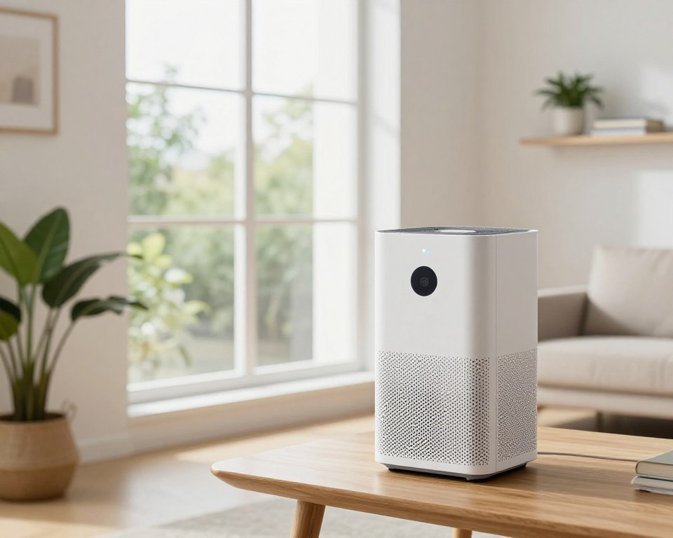 A bright, well-ventilated indoor space emphasizing the importance of air quality. In the foreground, a modern air purifier sits on a sleek wooden table, its indicator lights glowing softly. In the middle ground, a large window lets in natural light, revealing greenery outside, symbolizing freshness. The room features simple, clean lines with minimalistic décor, such as potted plants and shelves with books. The background showcases a subtle view of a living space with a light color palette, conveying a calm atmosphere. Soft, diffused lighting enhances the serenity of the scene, creating a clean and fresh mood that highlights the importance of maintaining good indoor air quality after cleaning. A bright, well-ventilated indoor space emphasizing the importance of air quality. In the foreground, a modern air purifier sits on a sleek wooden table, its indicator lights glowing softly. In the middle ground, a large window lets in natural light, revealing greenery outside, symbolizing freshness. The room features simple, clean lines with minimalistic décor, such as potted plants and shelves with books. The background showcases a subtle view of a living space with a light color palette, conveying a calm atmosphere. Soft, diffused lighting enhances the serenity of the scene, creating a clean and fresh mood that highlights the importance of maintaining good indoor air quality after cleaning.