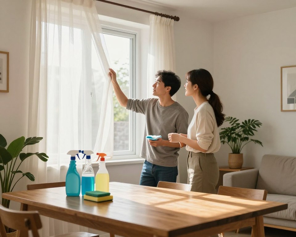 A bright, well-ventilated room after cleaning, showcasing an open window with fresh, flowing curtains gently swaying in a soft breeze. In the foreground, a gleaming wooden table holds cleaning supplies neatly arranged, emphasizing cleanliness. In the middle, a pair of professionals in modest casual clothing are enthusiastically discussing the importance of air quality, gesturing towards the window. The background features a cozy living space with houseplants, reflecting a healthy atmosphere. Natural light streams through the window, casting warm shadows that create a serene environment. The overall mood is fresh and inviting, emphasizing the significance of ventilation for improved air quality after cleaning. The image should evoke a sense of peace and clarity, highlighting the transformative effect of fresh air in a living space. A bright, well-ventilated room after cleaning, showcasing an open window with fresh, flowing curtains gently swaying in a soft breeze. In the foreground, a gleaming wooden table holds cleaning supplies neatly arranged, emphasizing cleanliness. In the middle, a pair of professionals in modest casual clothing are enthusiastically discussing the importance of air quality, gesturing towards the window. The background features a cozy living space with houseplants, reflecting a healthy atmosphere. Natural light streams through the window, casting warm shadows that create a serene environment. The overall mood is fresh and inviting, emphasizing the significance of ventilation for improved air quality after cleaning. The image should evoke a sense of peace and clarity, highlighting the transformative effect of fresh air in a living space.