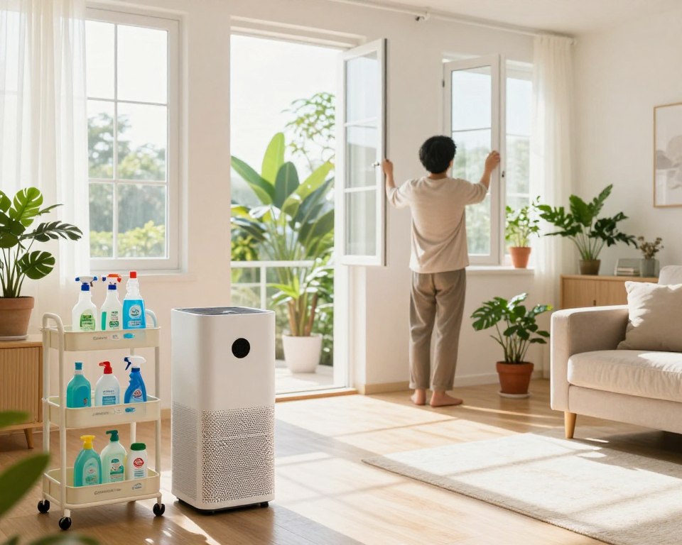 A bright, well-ventilated room with large windows open to fresh air, showcasing a modern living space. In the foreground, a stylish air purifier sits beside a neatly arranged cleaning cart holding various eco-friendly cleaning supplies. Moving to the middle ground, a person in modest casual clothing is seen adjusting the windows for optimal airflow, illustrating active ventilation. The background features potted plants thriving in the sunlight, emphasizing a fresh and healthy environment. Bright, natural lighting flows through the room, creating a warm and inviting atmosphere. The overall mood suggests cleanliness and a fresh start, perfect for visualizing effective room ventilation techniques. A bright, well-ventilated room with large windows open to fresh air, showcasing a modern living space. In the foreground, a stylish air purifier sits beside a neatly arranged cleaning cart holding various eco-friendly cleaning supplies. Moving to the middle ground, a person in modest casual clothing is seen adjusting the windows for optimal airflow, illustrating active ventilation. The background features potted plants thriving in the sunlight, emphasizing a fresh and healthy environment. Bright, natural lighting flows through the room, creating a warm and inviting atmosphere. The overall mood suggests cleanliness and a fresh start, perfect for visualizing effective room ventilation techniques.