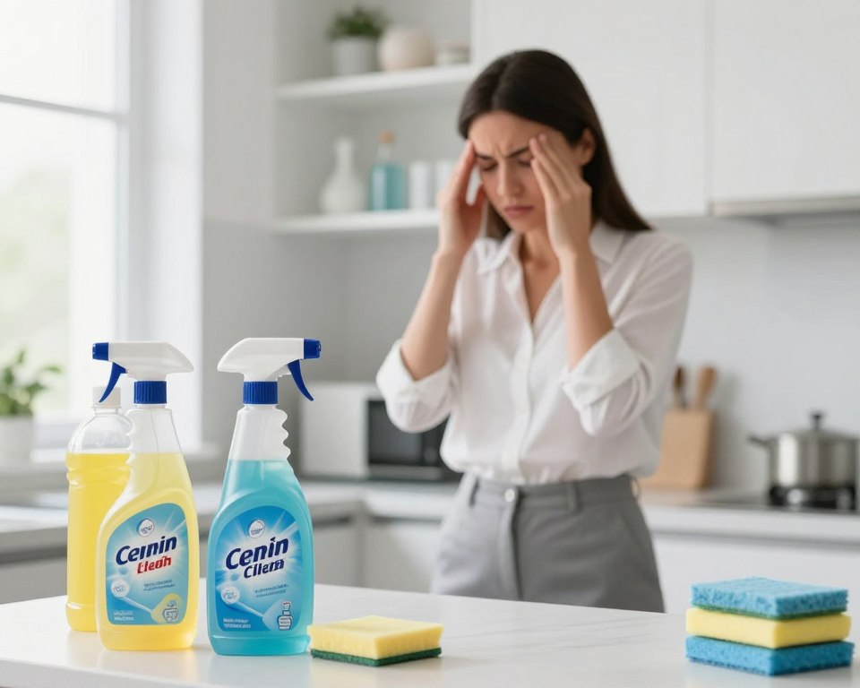 A brightly lit, clean kitchen environment featuring a variety of common cleaning products scattered on a countertop. In the foreground, a spray bottle and a container of bleach are prominently displayed, both with vivid labels indicating their chemical contents. In the middle, a concerned individual in professional attire—perhaps a woman in a blouse and slacks—rubbing her temples in discomfort, conveying the effect of the products. In the background, shelves stocked with other potential headache-inducing items, like disinfectant wipes and air fresheners. The lighting is soft and natural, streamed through a nearby window, creating a bright yet slightly tense atmosphere. The focus is on the products and the individual's reaction, underscoring the connection to headaches caused by cleaning chemicals. A brightly lit, clean kitchen environment featuring a variety of common cleaning products scattered on a countertop. In the foreground, a spray bottle and a container of bleach are prominently displayed, both with vivid labels indicating their chemical contents. In the middle, a concerned individual in professional attire—perhaps a woman in a blouse and slacks—rubbing her temples in discomfort, conveying the effect of the products. In the background, shelves stocked with other potential headache-inducing items, like disinfectant wipes and air fresheners. The lighting is soft and natural, streamed through a nearby window, creating a bright yet slightly tense atmosphere. The focus is on the products and the individual's reaction, underscoring the connection to headaches caused by cleaning chemicals.