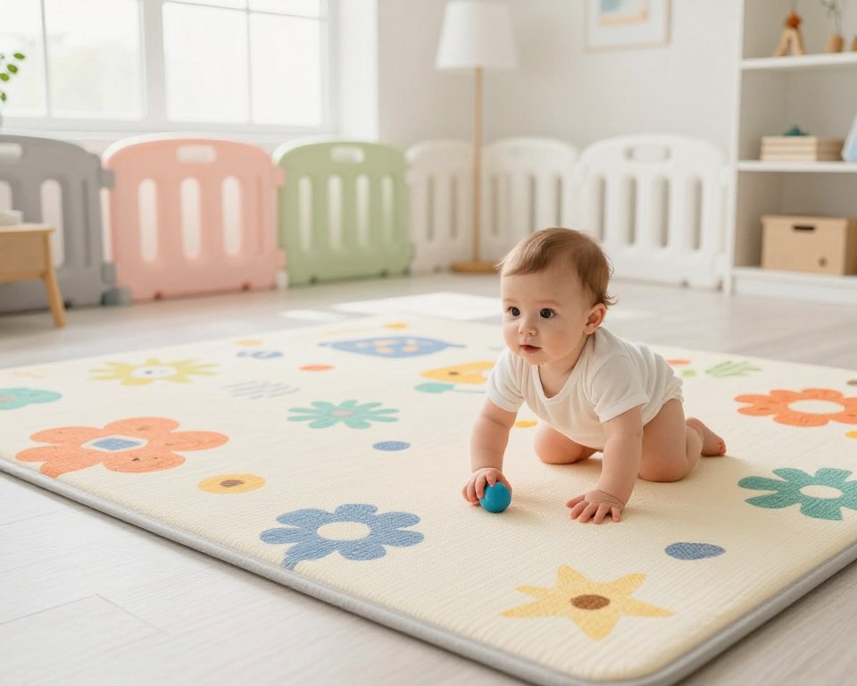 A brightly lit indoor space showcasing a soft, clean floor that is safe for infants. In the foreground, a curious baby with bright eyes is crawling on a colorful play mat, reaching for a small toy, emphasizing their interaction with the surface. In the middle, there are a few plush safety barriers and child-friendly decor, emphasizing a safe environment. In the background, light enters through large windows, illuminating the room with a warm glow, creating a cheerful and inviting atmosphere. The scene evokes a sense of safety and comfort, highlighting the important theme of infant floor safety. The image should be captured from a slightly elevated angle to show the baby’s perspective, focusing on the gentle interaction between the infant and the floor surface. A brightly lit indoor space showcasing a soft, clean floor that is safe for infants. In the foreground, a curious baby with bright eyes is crawling on a colorful play mat, reaching for a small toy, emphasizing their interaction with the surface. In the middle, there are a few plush safety barriers and child-friendly decor, emphasizing a safe environment. In the background, light enters through large windows, illuminating the room with a warm glow, creating a cheerful and inviting atmosphere. The scene evokes a sense of safety and comfort, highlighting the important theme of infant floor safety. The image should be captured from a slightly elevated angle to show the baby’s perspective, focusing on the gentle interaction between the infant and the floor surface.