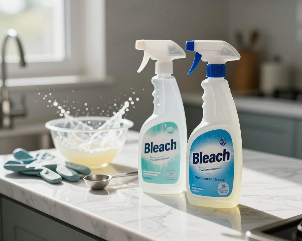 A brightly lit kitchen scene featuring two household disinfectant spray bottles on a marble countertop. In the foreground, one bottle is labeled "Bleach" and the other "Multipurpose Cleaner," with slight condensation on their surfaces, suggesting a recently used state. The middle ground includes a small mixing bowl with a splash of liquid, while protective gloves and a measuring spoon rest beside it. The background shows a window with sunlight streaming in, casting soft shadows across the counter. The atmosphere is tense and cautionary, emphasizing safety concerns about mixing chemicals. Use a close-up angle to capture the details, with a shallow depth of field that softly blurs the background, bringing focus to the disinfectants.