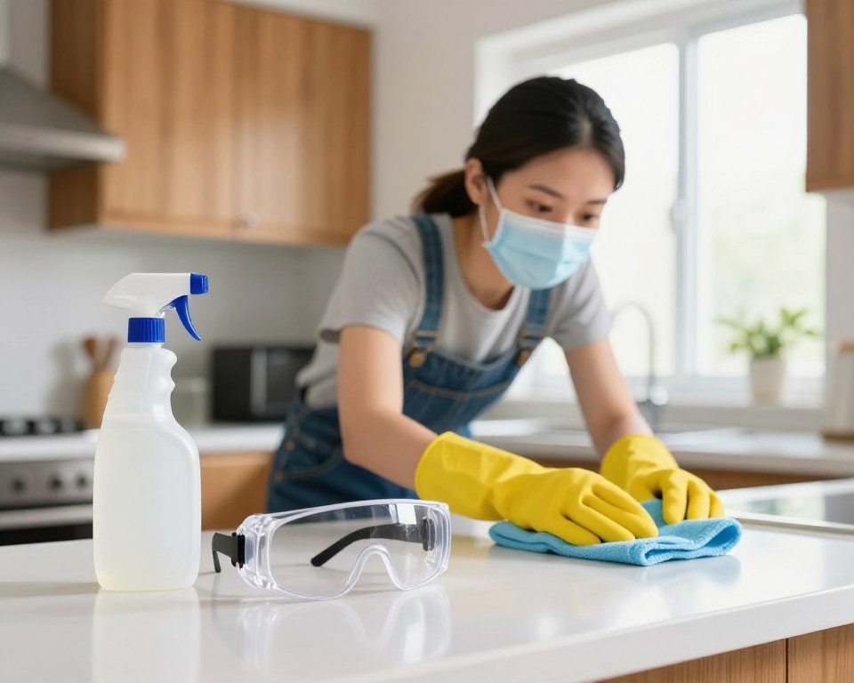 A brightly lit kitchen scene focusing on eye safety during home cleaning. In the foreground, a pair of safety goggles placed next to a bottle of cleaning solution and a microfiber cloth on a clean countertop. The middle ground features a focused individual in professional attire, wearing a mask and gloves, carefully cleaning surfaces, with a look of concentration and safety awareness. The background includes cabinets and a window showing natural light streaming in, creating a warm and inviting atmosphere. The overall mood emphasizes cleanliness and preventive measures for eye safety, reflecting a sense of responsibility and care in household activities. The image is bright and clear, with vibrant colors capturing the essence of a safe cleaning environment. A brightly lit kitchen scene focusing on eye safety during home cleaning. In the foreground, a pair of safety goggles placed next to a bottle of cleaning solution and a microfiber cloth on a clean countertop. The middle ground features a focused individual in professional attire, wearing a mask and gloves, carefully cleaning surfaces, with a look of concentration and safety awareness. The background includes cabinets and a window showing natural light streaming in, creating a warm and inviting atmosphere. The overall mood emphasizes cleanliness and preventive measures for eye safety, reflecting a sense of responsibility and care in household activities. The image is bright and clear, with vibrant colors capturing the essence of a safe cleaning environment.