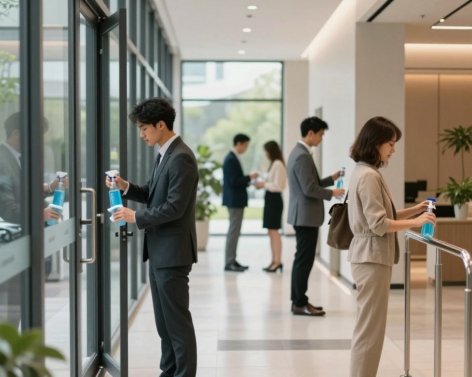 A bustling entryway of a modern office building with a focus on surface hygiene monitoring. In the foreground, a diverse group of professionals in business attire is thoughtfully using disinfectant sprays and wipes on high-touch surfaces like door handles and handrails. The middle ground features a clear glass window revealing a bright, welcoming corridor filled with greenery and natural light. The background showcases clean lines and polished floors, enhancing the contemporary feel. Soft, diffused lighting highlights the cleaning activities while maintaining a warm atmosphere. The overall mood conveys diligence in maintaining hygiene standards, emphasizing the importance of cleanliness in high-traffic areas. A bustling entryway of a modern office building with a focus on surface hygiene monitoring. In the foreground, a diverse group of professionals in business attire is thoughtfully using disinfectant sprays and wipes on high-touch surfaces like door handles and handrails. The middle ground features a clear glass window revealing a bright, welcoming corridor filled with greenery and natural light. The background showcases clean lines and polished floors, enhancing the contemporary feel. Soft, diffused lighting highlights the cleaning activities while maintaining a warm atmosphere. The overall mood conveys diligence in maintaining hygiene standards, emphasizing the importance of cleanliness in high-traffic areas.