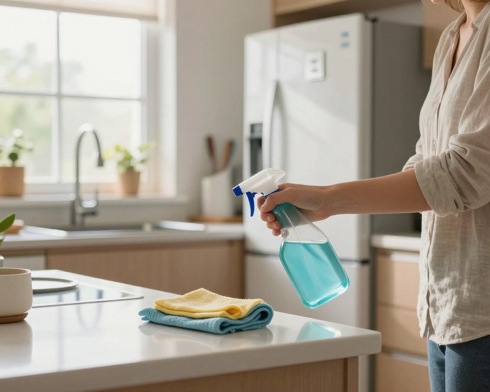 A busy kitchen scene illustrating high-touch areas being sanitized. In the foreground, a person wearing modest casual clothing is diligently wiping down a countertop with an eco-friendly disinfectant spray and cloth, showcasing a focus on cleanliness. In the middle, the kitchen is well-organized, highlighting areas like faucet handles, refrigerator doors, and light switches that are visibly getting attention. The background features a sunny window with natural light flooding the room, illuminating the gleaming surfaces, enhancing the sense of freshness and hygiene. The atmosphere conveys a proactive and caring approach to household cleanliness, emphasizing daily disinfection priorities in a serene, inviting environment. A busy kitchen scene illustrating high-touch areas being sanitized. In the foreground, a person wearing modest casual clothing is diligently wiping down a countertop with an eco-friendly disinfectant spray and cloth, showcasing a focus on cleanliness. In the middle, the kitchen is well-organized, highlighting areas like faucet handles, refrigerator doors, and light switches that are visibly getting attention. The background features a sunny window with natural light flooding the room, illuminating the gleaming surfaces, enhancing the sense of freshness and hygiene. The atmosphere conveys a proactive and caring approach to household cleanliness, emphasizing daily disinfection priorities in a serene, inviting environment.