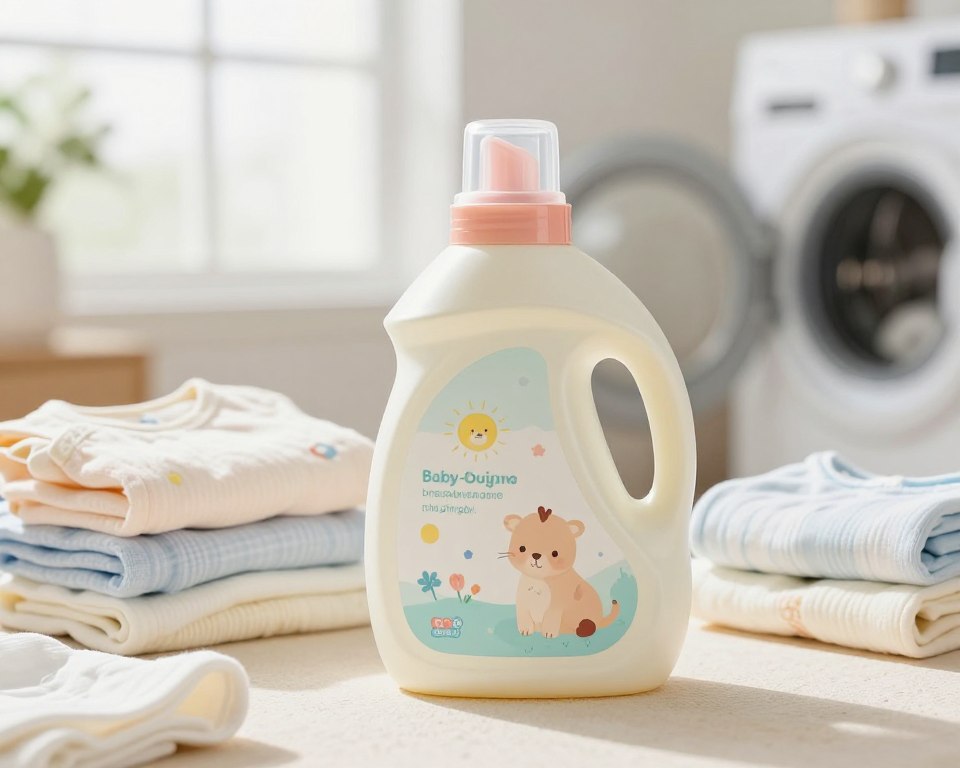 A cheerful and inviting scene showcasing a bottle of baby-safe laundry detergent prominently in the foreground. The bottle is designed with soft pastel colors, featuring playful patterns of baby animals, emphasizing its child-friendly nature. Surround the bottle with clean, folded baby clothes in soft fabrics, like cotton and muslin, neatly arranged on a light, textured surface. In the background, a sun-drenched laundry room with bright, airy windows lets in soft natural light, creating a warm and comforting atmosphere. The lens should focus closely on the detergent bottle while softly blurring the surrounding clothing, enhancing the overall mood of safety and nurturing. The composition conveys a sense of care and cleanliness, suitable for new parents. A cheerful and inviting scene showcasing a bottle of baby-safe laundry detergent prominently in the foreground. The bottle is designed with soft pastel colors, featuring playful patterns of baby animals, emphasizing its child-friendly nature. Surround the bottle with clean, folded baby clothes in soft fabrics, like cotton and muslin, neatly arranged on a light, textured surface. In the background, a sun-drenched laundry room with bright, airy windows lets in soft natural light, creating a warm and comforting atmosphere. The lens should focus closely on the detergent bottle while softly blurring the surrounding clothing, enhancing the overall mood of safety and nurturing. The composition conveys a sense of care and cleanliness, suitable for new parents.
