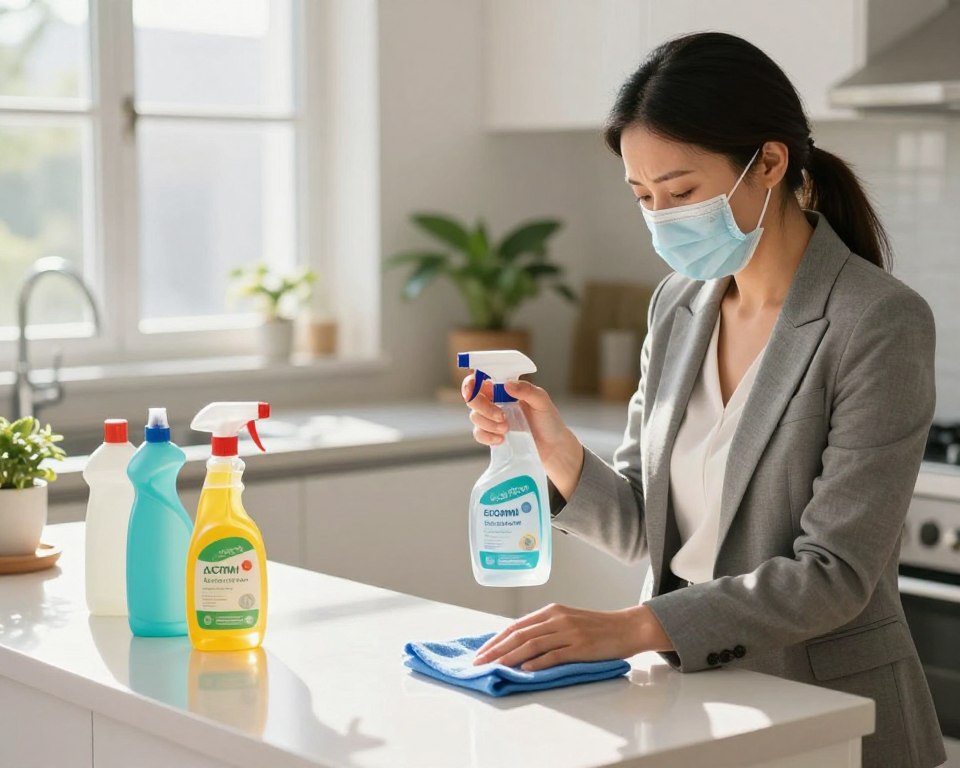 A clean and bright indoor setting focused on asthma attack prevention while cleaning. In the foreground, a woman in professional business attire is carefully using eco-friendly cleaning products, wearing a mask for extra protection. She is surrounded by colorful bottles of non-toxic cleaners and a microfiber cloth. The middle ground features a sparkling clean kitchen counter, reflecting sunlight that streams in through a nearby window, creating a warm and inviting atmosphere. In the background, plants are visible, adding a touch of nature and fresh air. The lighting is soft and natural, emphasizing safety and health, while the overall mood conveys a sense of calm and proactive care, promoting safe cleaning practices for asthma sufferers.