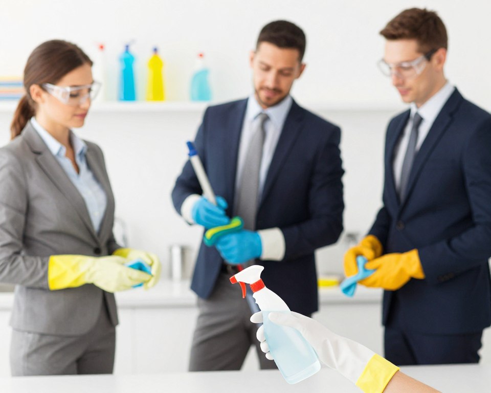 A clean and bright kitchen environment showcasing a diverse group of three individuals wearing professional business attire, actively engaging in routine cleaning tasks. The foreground features a person carefully applying protective gloves while holding a bottle of cleaning chemical, emphasizing the importance of skin safety. In the middle ground, another individual is demonstrating the correct way to avoid direct skin contact by using a cleaning tool, such as a mop or cloth, with a focus on their technique. The background illustrates well-organized cleaning supplies, highlighting safety barriers like the use of gloves and goggles, under soft, natural lighting to create a safe and inviting atmosphere. The overall mood is professional and educational, promoting awareness of cleaning safety.