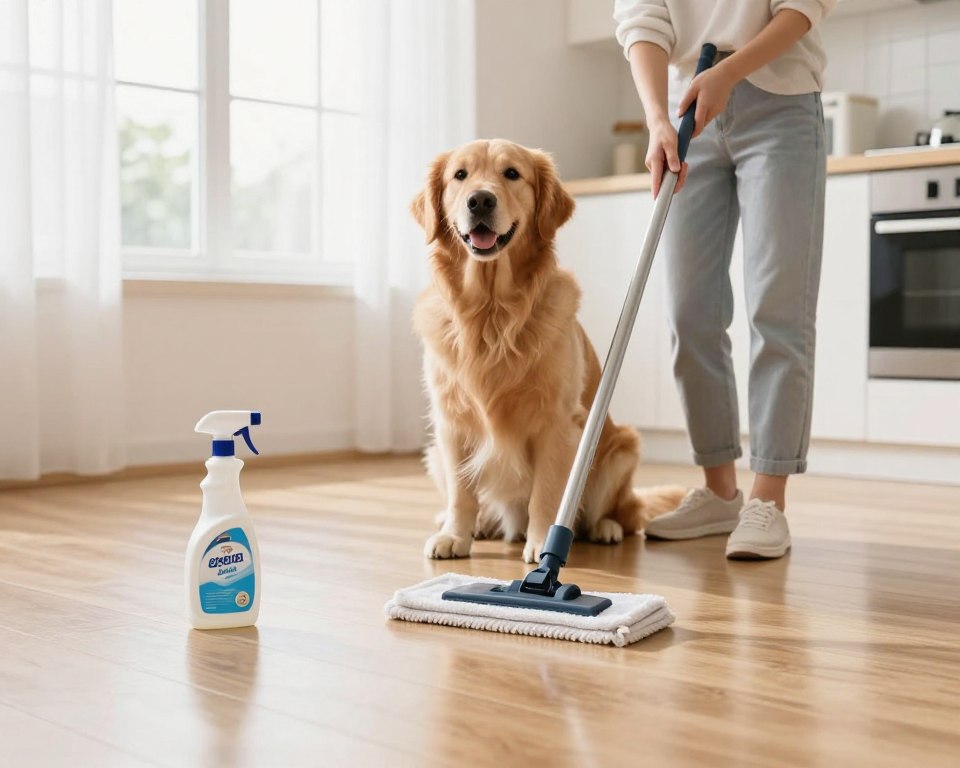 A clean and bright kitchen scene showcasing pet-friendly mopping techniques. In the foreground, a light wooden floor glistens after being mopped, with a small, non-toxic cleaning solution bottle and a microfiber mop standing upright. In the middle ground, a friendly golden retriever sits attentively, watching its owner, who is dressed in modest casual clothing, gently mopping the floor, ensuring a safe environment for the pet. The background features sunlit windows with sheer curtains, creating a warm and inviting atmosphere. Soft, natural lighting highlights the sheen of the floor and the cheerful expressions of the dog and owner, emphasizing safety and care. The overall mood is friendly and reassuring, perfect for pet owners. A clean and bright kitchen scene showcasing pet-friendly mopping techniques. In the foreground, a light wooden floor glistens after being mopped, with a small, non-toxic cleaning solution bottle and a microfiber mop standing upright. In the middle ground, a friendly golden retriever sits attentively, watching its owner, who is dressed in modest casual clothing, gently mopping the floor, ensuring a safe environment for the pet. The background features sunlit windows with sheer curtains, creating a warm and inviting atmosphere. Soft, natural lighting highlights the sheen of the floor and the cheerful expressions of the dog and owner, emphasizing safety and care. The overall mood is friendly and reassuring, perfect for pet owners.