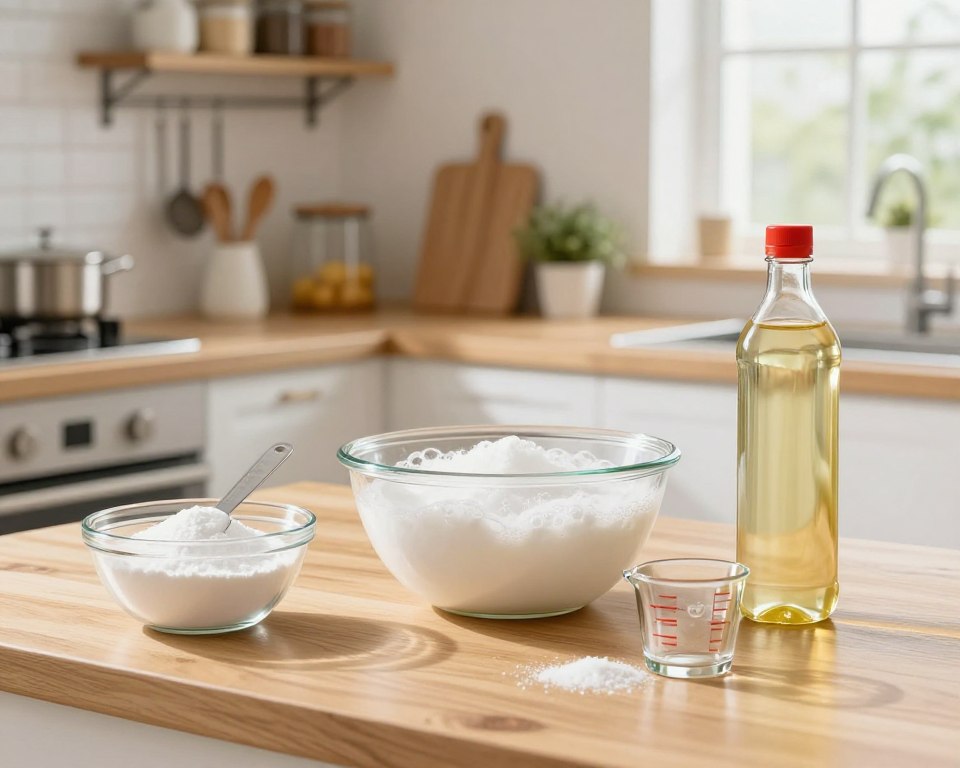 A clean and bright kitchen setting, with a wooden countertop as the foreground feature. On the left, a clear bowl of baking soda is shown with a measuring spoon, and on the right, a bottle of vinegar is prominently displayed next to a small glass measuring cup. In the middle ground, a mixing bowl showcases a safe reaction between the substances, with frothy bubbles forming but not overflowing. The background features shelves with neatly organized kitchen tools and ingredients, bathed in natural sunlight streaming through a nearby window, creating a warm, inviting atmosphere. The overall mood is educational and safe, emphasizing proper use in a visually appealing and informative manner.