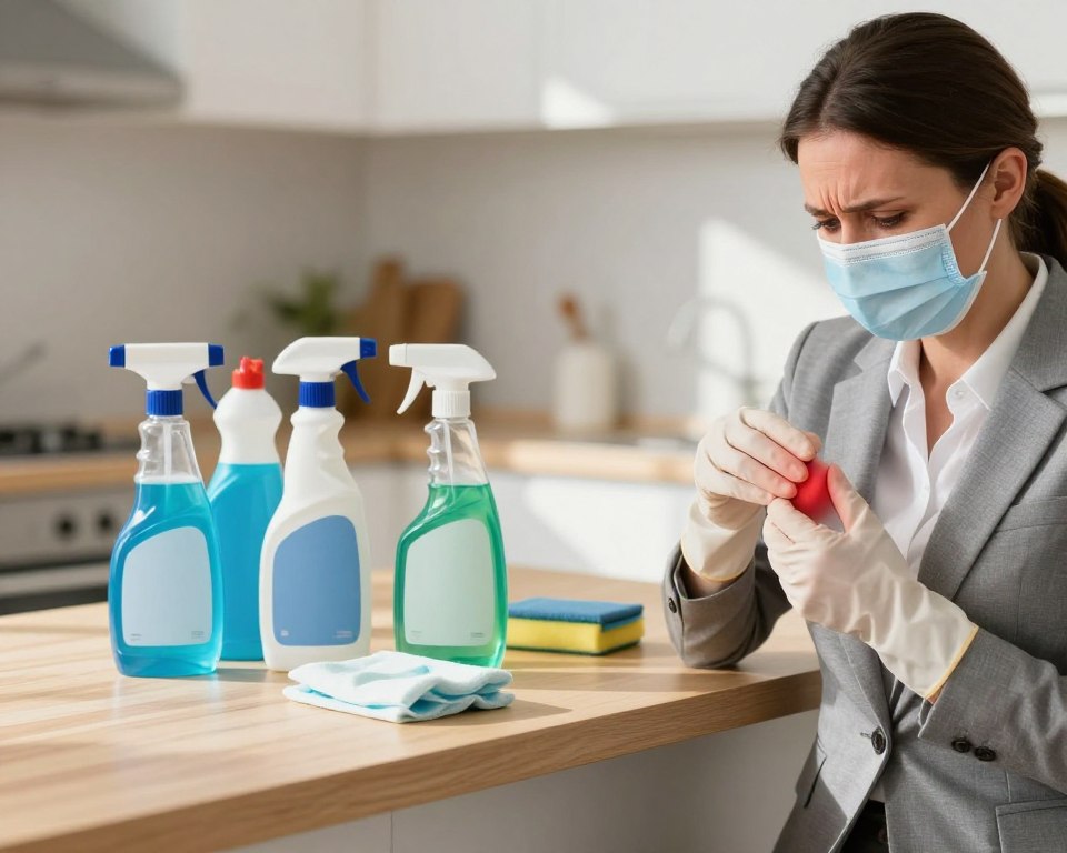 A clean and brightly lit indoor environment showcasing a variety of cleaning products on a light wooden countertop, including sprays, wipes, and bottles. In the foreground, a woman dressed in professional attire, wearing gloves and a mask, displays a concerned expression as she examines a red, irritated area on her skin, signifying an allergic reaction. In the middle, the various cleaning products are artistically arranged, with labels visible but not readable, emphasizing common allergens. The background includes a soft-focus view of a well-maintained kitchen, enhancing the contrast between cleanliness and the potential health risks. The overall mood is one of caution and awareness, with natural light streaming in and creating soft shadows, hinting at the impact of cleaning products on health. A clean and brightly lit indoor environment showcasing a variety of cleaning products on a light wooden countertop, including sprays, wipes, and bottles. In the foreground, a woman dressed in professional attire, wearing gloves and a mask, displays a concerned expression as she examines a red, irritated area on her skin, signifying an allergic reaction. In the middle, the various cleaning products are artistically arranged, with labels visible but not readable, emphasizing common allergens. The background includes a soft-focus view of a well-maintained kitchen, enhancing the contrast between cleanliness and the potential health risks. The overall mood is one of caution and awareness, with natural light streaming in and creating soft shadows, hinting at the impact of cleaning products on health.