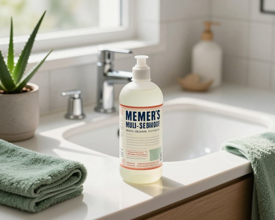 A clean and inviting bathroom setting features a stylish countertop with Mrs. Meyer’s Multi-Surface Cleaner prominently displayed in an elegantly designed bottle, showcasing its dermatologist-tested label. In the foreground, the bottle is flanked by natural elements such as potted aloe vera and soft green towels, suggesting a soothing atmosphere. In the middle, a gleaming sink reflects soft, diffused sunlight coming from a nearby window, enhancing the cleanliness of the space. The background includes subtle textures of natural wood and soft white tiles, emphasizing the safe and gentle qualities of the cleaner. The overall mood is tranquil and reassuring, inviting viewers to consider the product for sensitive skin care. The angle captures the scene from slightly above eye level, providing a comprehensive view of both the product and the serene environment. A clean and inviting bathroom setting features a stylish countertop with Mrs. Meyer’s Multi-Surface Cleaner prominently displayed in an elegantly designed bottle, showcasing its dermatologist-tested label. In the foreground, the bottle is flanked by natural elements such as potted aloe vera and soft green towels, suggesting a soothing atmosphere. In the middle, a gleaming sink reflects soft, diffused sunlight coming from a nearby window, enhancing the cleanliness of the space. The background includes subtle textures of natural wood and soft white tiles, emphasizing the safe and gentle qualities of the cleaner. The overall mood is tranquil and reassuring, inviting viewers to consider the product for sensitive skin care. The angle captures the scene from slightly above eye level, providing a comprehensive view of both the product and the serene environment.