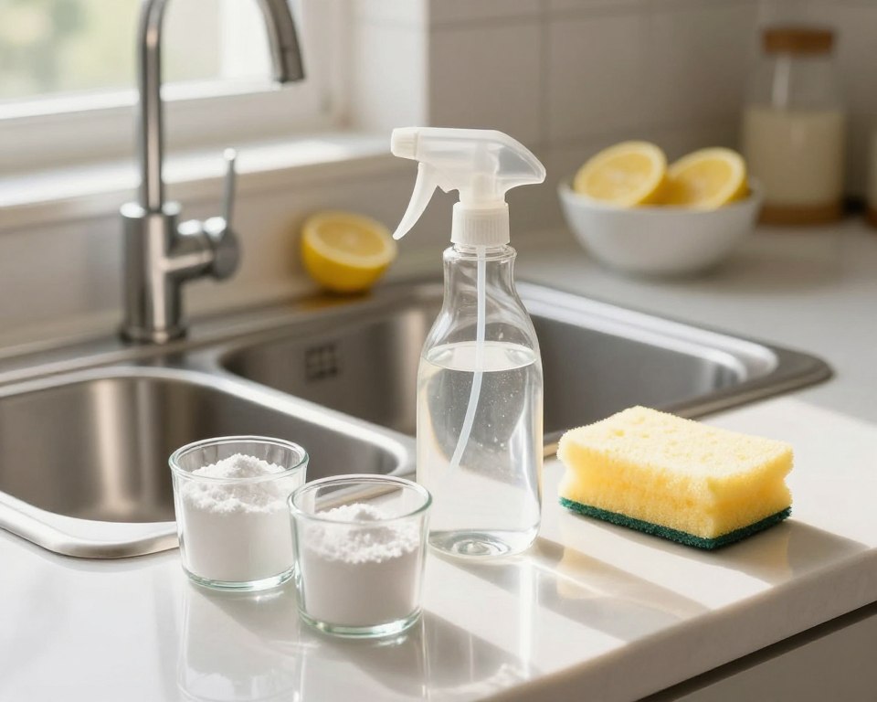 A clean and inviting kitchen countertop is the focal point of the image, showcasing a variety of effective baking soda cleaning solutions. In the foreground, there are small, clear glass containers filled with baking soda, a spritzer bottle with a mixture of water and baking soda, and a soft sponge. In the middle ground, a shining stainless steel sink reflects the natural light streaming in from a nearby window. Above the sink, there's a white ceramic bowl with lemon slices, emphasizing the natural cleaning aspect. The background features a clean tile backsplash and minimalistic kitchen decor, creating a fresh and bright atmosphere. The lighting is warm and soft, providing a welcoming feel, while the camera angle is slightly above eye level, capturing the scene in a tidy and organized manner.
