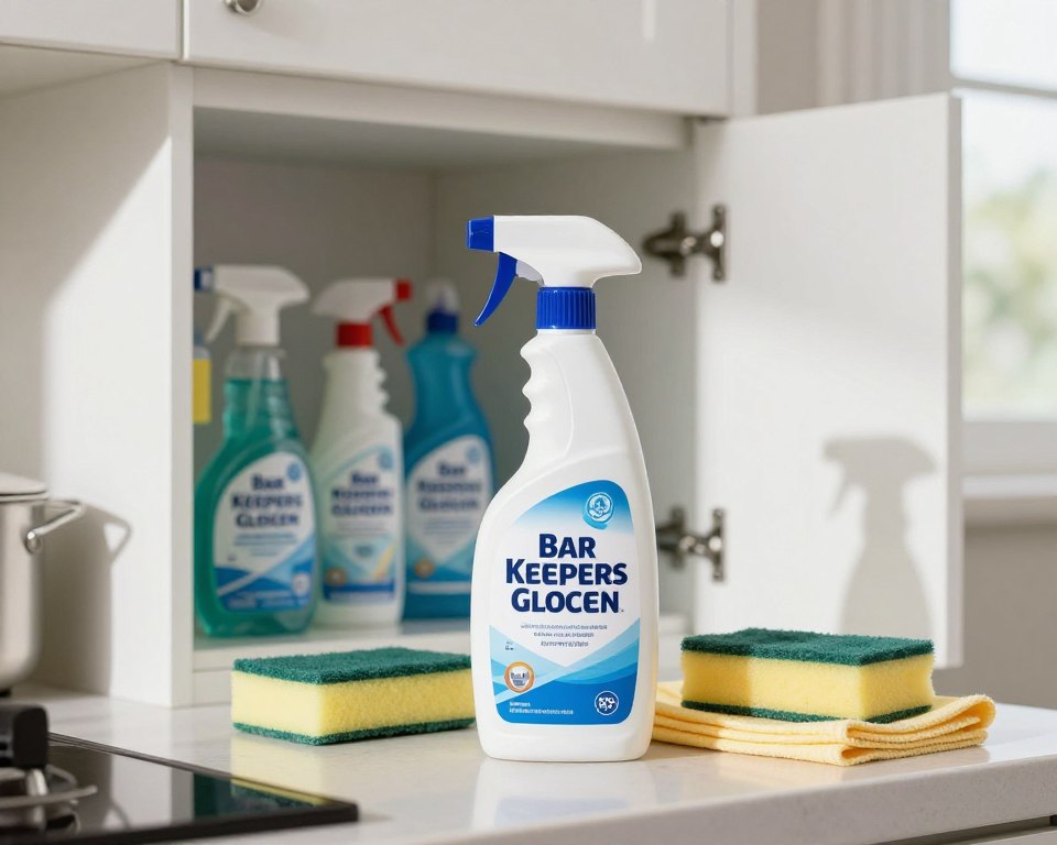 A clean and inviting kitchen setting featuring a bottle of Bar Keepers Friend positioned prominently on a countertop in the foreground. The bottle is surrounded by various household cleaning tools like a sponge and cloth, creating an atmosphere of safety and cleanliness. In the middle ground, an open cabinet reveals neatly organized cleaning supplies, showcasing regulatory compliance labels and safety certifications. The background is softly lit, with natural light filtering through a window, casting gentle shadows that enhance the serene ambiance. The composition captures a sense of trust and professionalism, emphasizing a safe cleaning environment. Use a shallow depth of field to draw focus to the bottle while maintaining a pleasing overall aesthetic. A clean and inviting kitchen setting featuring a bottle of Bar Keepers Friend positioned prominently on a countertop in the foreground. The bottle is surrounded by various household cleaning tools like a sponge and cloth, creating an atmosphere of safety and cleanliness. In the middle ground, an open cabinet reveals neatly organized cleaning supplies, showcasing regulatory compliance labels and safety certifications. The background is softly lit, with natural light filtering through a window, casting gentle shadows that enhance the serene ambiance. The composition captures a sense of trust and professionalism, emphasizing a safe cleaning environment. Use a shallow depth of field to draw focus to the bottle while maintaining a pleasing overall aesthetic.