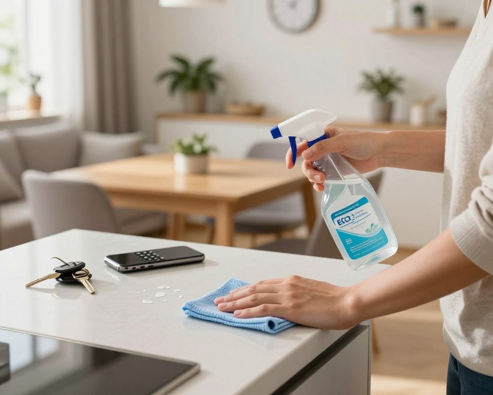 A clean and organized household scene showcasing a disinfecting regimen for high-touch surfaces. In the foreground, a person in modest casual clothing is carefully wiping down a kitchen countertop with a microfiber cloth and an eco-friendly disinfectant spray bottle. The middle layer features a dining table set with disinfected items like keys, a mobile phone, and remote controls, all glistening under warm, natural light. In the background, a cozy living room with a well-maintained sofa and potted plants enhances the atmosphere of cleanliness and comfort. The lighting is bright and inviting, capturing a sense of safety and hygiene, while subtle details like a clock on the wall indicate the importance of regular cleaning routines. A clean and organized household scene showcasing a disinfecting regimen for high-touch surfaces. In the foreground, a person in modest casual clothing is carefully wiping down a kitchen countertop with a microfiber cloth and an eco-friendly disinfectant spray bottle. The middle layer features a dining table set with disinfected items like keys, a mobile phone, and remote controls, all glistening under warm, natural light. In the background, a cozy living room with a well-maintained sofa and potted plants enhances the atmosphere of cleanliness and comfort. The lighting is bright and inviting, capturing a sense of safety and hygiene, while subtle details like a clock on the wall indicate the importance of regular cleaning routines.