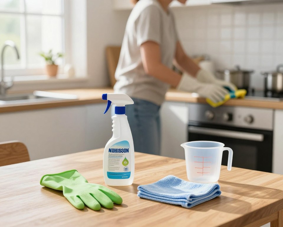 A clean and organized household space featuring a well-lit kitchen, highlighting safe cleaning practices. In the foreground, a wooden table displays cleaning supplies: a pair of rubber gloves, a spray bottle with a safety label, a microfiber cloth, and a measuring cup, all arranged neatly. In the middle ground, a person in modest, casual clothing is cleaning a countertop, demonstrating proper technique while wearing gloves. The background shows a sparkling kitchen with sunlight streaming through the window, casting soft shadows. The atmosphere is fresh and inviting, conveying a sense of safety and responsibility in household cleaning. Ensure the image is bright, with natural lighting, capturing a warm, encouraging mood without any text or distractions. A clean and organized household space featuring a well-lit kitchen, highlighting safe cleaning practices. In the foreground, a wooden table displays cleaning supplies: a pair of rubber gloves, a spray bottle with a safety label, a microfiber cloth, and a measuring cup, all arranged neatly. In the middle ground, a person in modest, casual clothing is cleaning a countertop, demonstrating proper technique while wearing gloves. The background shows a sparkling kitchen with sunlight streaming through the window, casting soft shadows. The atmosphere is fresh and inviting, conveying a sense of safety and responsibility in household cleaning. Ensure the image is bright, with natural lighting, capturing a warm, encouraging mood without any text or distractions.