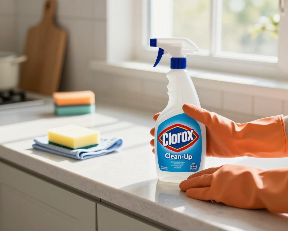 A clean and organized kitchen countertop featuring Clorox Clean-Up Cleaner with Bleach prominently displayed. In the foreground, a pair of gloved hands are carefully handling the cleaner, ensuring safety while cleaning. The middle ground includes a sparkling kitchen with a few scattered cleaning tools like sponges, and a cloth, suggesting thorough safety protocols. In the background, windows let in natural light, creating a fresh, bright atmosphere. The overall mood feels safe and reassuring, emphasizing cleanliness and hygiene. The lighting is warm and inviting, highlighting the shiny surfaces. The image should be captured from a slightly tilted angle to add depth, focusing on the safety aspect of using cleaning products. A clean and organized kitchen countertop featuring Clorox Clean-Up Cleaner with Bleach prominently displayed. In the foreground, a pair of gloved hands are carefully handling the cleaner, ensuring safety while cleaning. The middle ground includes a sparkling kitchen with a few scattered cleaning tools like sponges, and a cloth, suggesting thorough safety protocols. In the background, windows let in natural light, creating a fresh, bright atmosphere. The overall mood feels safe and reassuring, emphasizing cleanliness and hygiene. The lighting is warm and inviting, highlighting the shiny surfaces. The image should be captured from a slightly tilted angle to add depth, focusing on the safety aspect of using cleaning products.