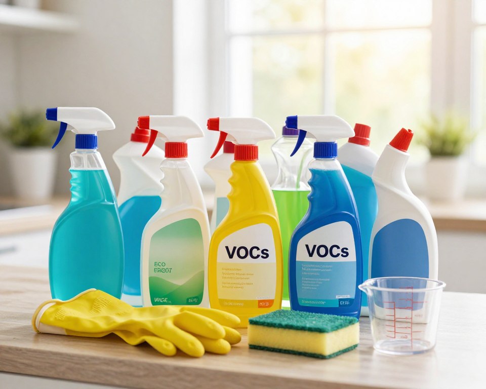 A clean and organized kitchen countertop filled with various cleaning chemicals, including brightly colored spray bottles and liquid cleaners with visible ingredient labels indicating VOCs. In the foreground, a pair of rubber gloves rests next to a sparkling-clean sponge, while a pair of measuring cups implies careful use of these products. The middle ground features an assortment of cleaners, arranged neatly, showing both eco-friendly and conventional options. The background consists of a softly blurred window, allowing warm, natural light to filter in, creating a bright and fresh atmosphere. The overall mood is clean, informative, and visually appealing, emphasizing the importance of safety when using cleaning chemicals. No human figures are present, ensuring the focus remains on the products themselves. A clean and organized kitchen countertop filled with various cleaning chemicals, including brightly colored spray bottles and liquid cleaners with visible ingredient labels indicating VOCs. In the foreground, a pair of rubber gloves rests next to a sparkling-clean sponge, while a pair of measuring cups implies careful use of these products. The middle ground features an assortment of cleaners, arranged neatly, showing both eco-friendly and conventional options. The background consists of a softly blurred window, allowing warm, natural light to filter in, creating a bright and fresh atmosphere. The overall mood is clean, informative, and visually appealing, emphasizing the importance of safety when using cleaning chemicals. No human figures are present, ensuring the focus remains on the products themselves.