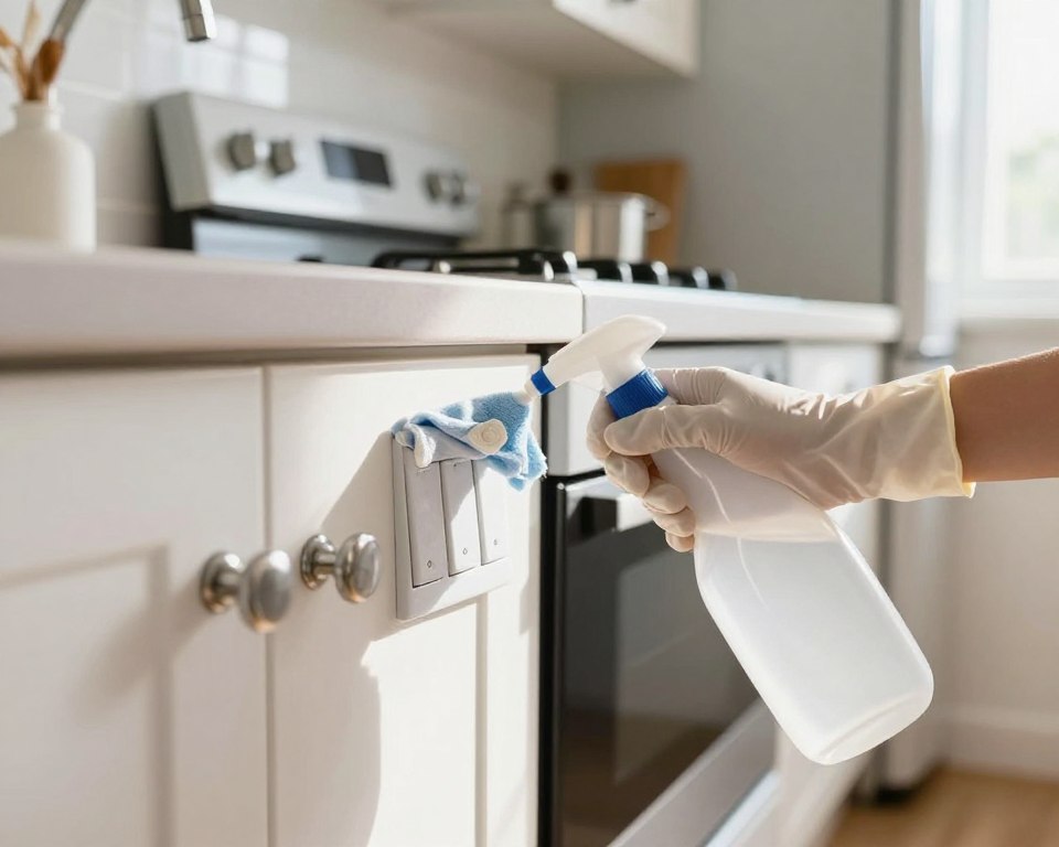 A clean and organized kitchen countertop with a focus on high-touch areas such as light switches, faucet handles, and cabinet knobs. In the foreground, a pair of gloved hands, wearing disposable gloves, are carefully sanitizing a light switch with a spray bottle and cloth, demonstrating effective cleaning. In the middle ground, the kitchen appliance surfaces, including a shiny stove and refrigerator, are visible, emphasizing the importance of sanitization. The background features a well-lit kitchen space with natural sunlight streaming in through a window, creating a bright and inviting atmosphere. The overall mood conveys diligence and care in hygiene practices, with a subtle reflection of a safe home environment. Use soft focus for the background to highlight the action in the foreground. A clean and organized kitchen countertop with a focus on high-touch areas such as light switches, faucet handles, and cabinet knobs. In the foreground, a pair of gloved hands, wearing disposable gloves, are carefully sanitizing a light switch with a spray bottle and cloth, demonstrating effective cleaning. In the middle ground, the kitchen appliance surfaces, including a shiny stove and refrigerator, are visible, emphasizing the importance of sanitization. The background features a well-lit kitchen space with natural sunlight streaming in through a window, creating a bright and inviting atmosphere. The overall mood conveys diligence and care in hygiene practices, with a subtle reflection of a safe home environment. Use soft focus for the background to highlight the action in the foreground.