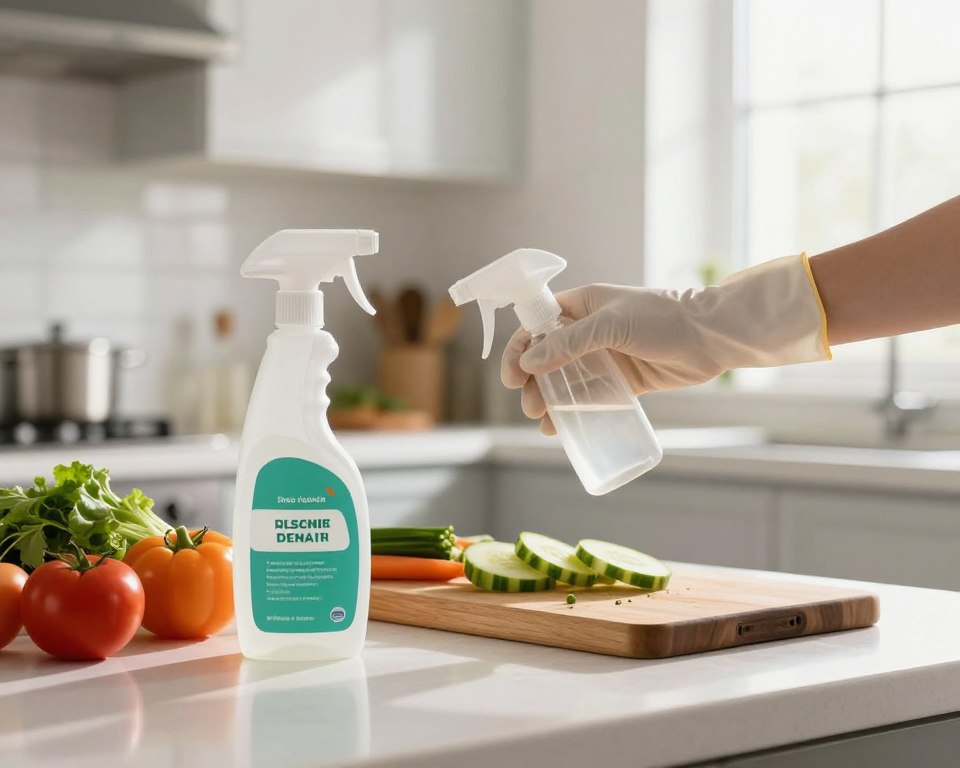 A clean and organized kitchen environment focusing on food safety and disinfectant best practices. In the foreground, a bottle of environmentally-friendly disinfectant spray sits on a neatly arranged kitchen counter next to freshly cut vegetables and a wooden cutting board. The middle ground shows a gloved hand reaching for the disinfectant spray, demonstrating proper usage, while in the background, a bright and airy kitchen features stainless steel appliances and sunlit windows, creating a warm atmosphere. Soft, natural lighting enhances the cleanliness of the scene, while maintaining a professional tone. The overall mood is informative and safe, emphasizing the importance of cleanliness in food preparation areas, with no people or distracting elements present.