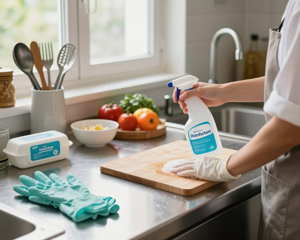 A clean and organized kitchen setting depicting various food safety precautions. In the foreground, a person in professional kitchen attire is actively sanitizing a stainless steel countertop, using a spray bottle labeled "Disinfectant." The middle ground showcases neatly arranged kitchen utensils and ingredients, emphasizing hygiene with items like gloves, a cutting board, and a container of disinfectant wipes. In the background, a well-lit kitchen window allows natural light to spill in, illuminating cleanliness and order. Soft shadows create a warm and inviting atmosphere, promoting a sense of care and responsibility towards food safety. The angle is slightly elevated, providing a comprehensive view while focusing on the act of maintaining hygiene.