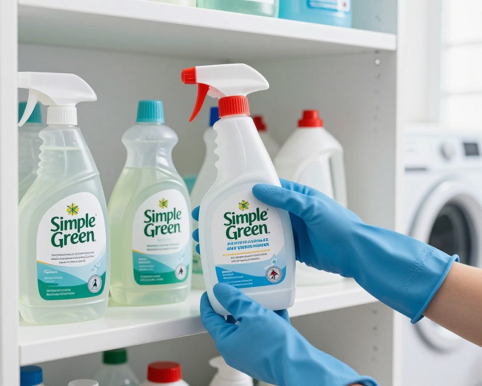A clean and organized storage area for Simple Green All-Purpose Cleaner, featuring a well-lit shelf displaying several bottles of the cleaner, labeled with clear safety information. In the foreground, a pair of hands in blue rubber gloves carefully handle a bottle, demonstrating proper handling techniques. In the middle ground, a detailed label outlines storage and safety best practices visually, such as keeping out of reach of children, ensuring the cap is secure, and storing away from heat sources. The background is a bright, tidy laundry room with soft natural light filtering through a window, creating a safe and welcoming atmosphere. The overall mood conveys professionalism and safety in handling household cleaning products. A clean and organized storage area for Simple Green All-Purpose Cleaner, featuring a well-lit shelf displaying several bottles of the cleaner, labeled with clear safety information. In the foreground, a pair of hands in blue rubber gloves carefully handle a bottle, demonstrating proper handling techniques. In the middle ground, a detailed label outlines storage and safety best practices visually, such as keeping out of reach of children, ensuring the cap is secure, and storing away from heat sources. The background is a bright, tidy laundry room with soft natural light filtering through a window, creating a safe and welcoming atmosphere. The overall mood conveys professionalism and safety in handling household cleaning products.