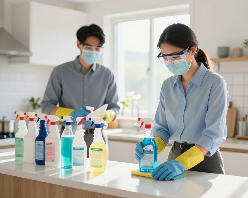 A clean and well-lit home cleaning environment featuring two individuals in professional business attire, wearing personal protective equipment (PPE). The foreground shows the individuals wearing gloves, safety goggles, and masks, carefully organizing cleaning supplies like bleach and dish soap on a sanitized countertop. In the middle, a neatly arranged shelf of cleaning products is visible, emphasizing safety labels and instructions. The background displays a bright, airy kitchen with sunlight streaming through a window, creating a fresh and hygienic atmosphere. Soft, natural lighting enhances the clarity of the scene, while a slight depth of field blurs the background just enough to keep the focus on safe cleaning practices. A sense of diligence and professionalism permeates the image, promoting safety in household cleaning. A clean and well-lit home cleaning environment featuring two individuals in professional business attire, wearing personal protective equipment (PPE). The foreground shows the individuals wearing gloves, safety goggles, and masks, carefully organizing cleaning supplies like bleach and dish soap on a sanitized countertop. In the middle, a neatly arranged shelf of cleaning products is visible, emphasizing safety labels and instructions. The background displays a bright, airy kitchen with sunlight streaming through a window, creating a fresh and hygienic atmosphere. Soft, natural lighting enhances the clarity of the scene, while a slight depth of field blurs the background just enough to keep the focus on safe cleaning practices. A sense of diligence and professionalism permeates the image, promoting safety in household cleaning.