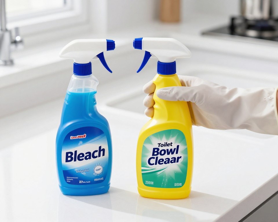 A clean and well-lit kitchen countertop serves as the foreground, featuring two distinct cleaning bottles: one labeled "Bleach" and the other "Toilet Bowl Cleaner." Both bottles are prominently displayed, with vibrant colors that signify caution, contrasting against the sterile white background. In the middle ground, a pair of gloved hands reaches toward the bottles, poised to mix the contents, conveying a sense of urgency and caution. The background is softly blurred, highlighting a tidy kitchen with shining surfaces, enhancing the focus on the hazardous mixing process. Bright, even lighting casts subtle shadows, creating a serious yet informative atmosphere that reflects the potential dangers of combining household cleaning products. The image is sharp, captured from a top-down angle for clarity. A clean and well-lit kitchen countertop serves as the foreground, featuring two distinct cleaning bottles: one labeled "Bleach" and the other "Toilet Bowl Cleaner." Both bottles are prominently displayed, with vibrant colors that signify caution, contrasting against the sterile white background. In the middle ground, a pair of gloved hands reaches toward the bottles, poised to mix the contents, conveying a sense of urgency and caution. The background is softly blurred, highlighting a tidy kitchen with shining surfaces, enhancing the focus on the hazardous mixing process. Bright, even lighting casts subtle shadows, creating a serious yet informative atmosphere that reflects the potential dangers of combining household cleaning products. The image is sharp, captured from a top-down angle for clarity.