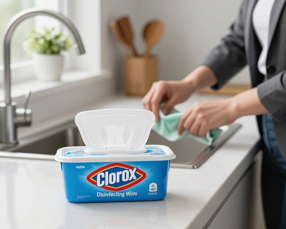 A clean and well-lit kitchen scene, focusing on a countertop with a container of Clorox Disinfecting Wipes prominently displayed in the foreground. The wipes are partially pulled out, showcasing their texture. In the middle ground, a pair of hands, dressed in professional business attire, are using the wipes to clean a surface, demonstrating their everyday use in a home setting. The background includes bright, soft lighting from a window, plants, and organized kitchen utensils, creating a welcoming and hygienic atmosphere. The overall mood is safe, clean, and reassuring, emphasizing the theme of safe home cleaning practices. A clean and well-lit kitchen scene, focusing on a countertop with a container of Clorox Disinfecting Wipes prominently displayed in the foreground. The wipes are partially pulled out, showcasing their texture. In the middle ground, a pair of hands, dressed in professional business attire, are using the wipes to clean a surface, demonstrating their everyday use in a home setting. The background includes bright, soft lighting from a window, plants, and organized kitchen utensils, creating a welcoming and hygienic atmosphere. The overall mood is safe, clean, and reassuring, emphasizing the theme of safe home cleaning practices.