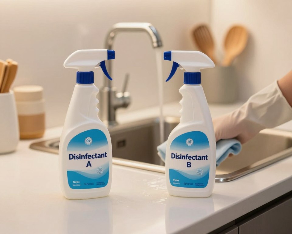 A clean kitchen countertop illuminated by soft, warm light, showing two disinfectant spray bottles prominently in the foreground, one labeled "Disinfectant A" and the other "Disinfectant B." In the middle ground, a gloved hand is in the process of rinsing the surface with a cloth, ensuring all residue is removed, highlighting the importance of proper rinsing. The background features a sanitized sink and clean kitchen utensils, contributing to the overall ambiance of cleanliness and safety. The scene conveys a sense of diligence and care in hygiene practices, with a focus on proper usage of disinfectants. The image should reflect a professional and safe environment, without any text or distractions.