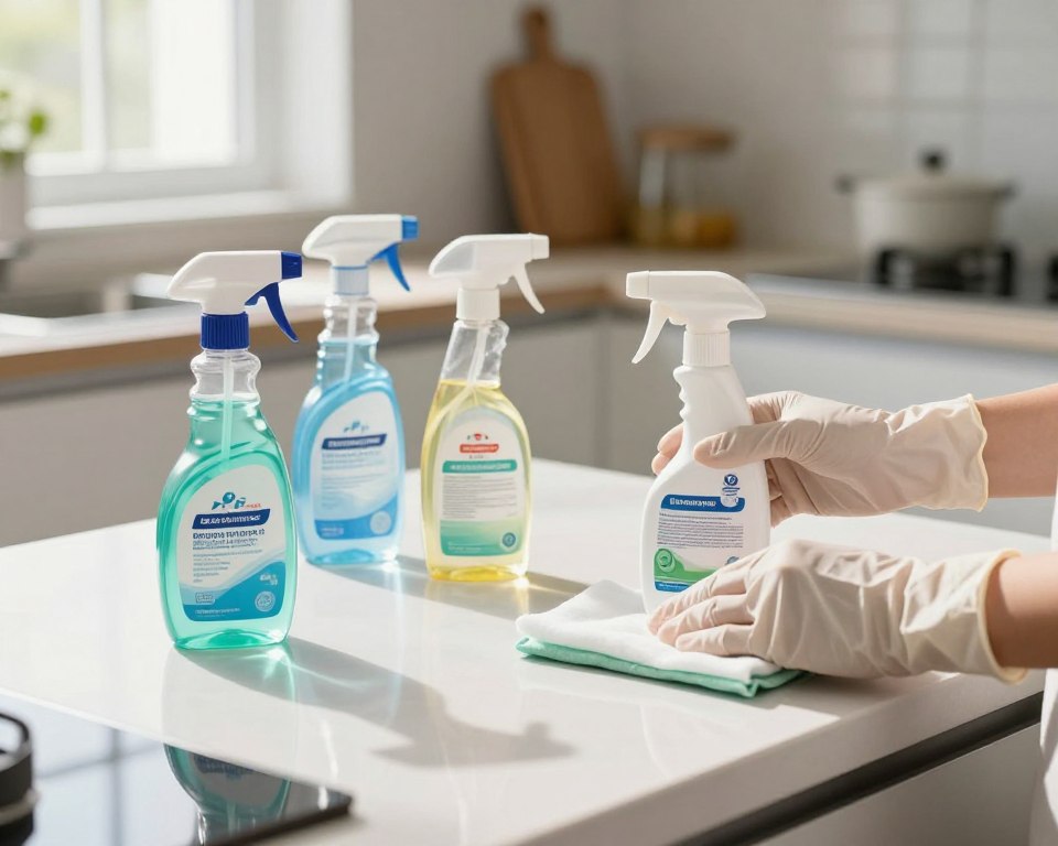 A clean kitchen countertop with disinfectant spray bottles and wipes prominently displayed in the foreground. The spray bottles are labeled with clear, legible product instructions, focusing on rinsing guidelines. In the middle ground, a pair of hands wearing disposable gloves is seen carefully inspecting a product label, emphasizing the importance of reading instructions. The background features a well-lit kitchen environment with sunlight streaming in through a window, casting soft shadows. The mood is informative and meticulous, highlighting the process of analyzing product labels. The scene should be captured from a slightly elevated angle to emphasize the surface details and create an inviting yet professional atmosphere. A clean kitchen countertop with disinfectant spray bottles and wipes prominently displayed in the foreground. The spray bottles are labeled with clear, legible product instructions, focusing on rinsing guidelines. In the middle ground, a pair of hands wearing disposable gloves is seen carefully inspecting a product label, emphasizing the importance of reading instructions. The background features a well-lit kitchen environment with sunlight streaming in through a window, casting soft shadows. The mood is informative and meticulous, highlighting the process of analyzing product labels. The scene should be captured from a slightly elevated angle to emphasize the surface details and create an inviting yet professional atmosphere.