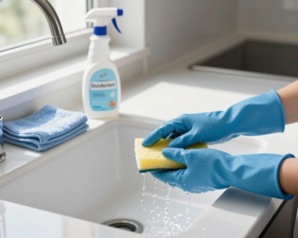 A clean kitchen countertop with various surfaces being rinsed after disinfectant use. In the foreground, focus on a pair of hands in blue rubber gloves holding a rinsed sponge, with droplets of water glistening in the light. The middle layer shows a sleek spray bottle labeled 'Disinfectant' along with a towel laid neatly beside it. The background features a bright, modern kitchen with natural light streaming in through a window, highlighting the gleaming surfaces. Use soft yet bright lighting to create a fresh and clean atmosphere, and capture the scene from a slightly elevated angle to convey a sense of action and cleanliness. A clean kitchen countertop with various surfaces being rinsed after disinfectant use. In the foreground, focus on a pair of hands in blue rubber gloves holding a rinsed sponge, with droplets of water glistening in the light. The middle layer shows a sleek spray bottle labeled 'Disinfectant' along with a towel laid neatly beside it. The background features a bright, modern kitchen with natural light streaming in through a window, highlighting the gleaming surfaces. Use soft yet bright lighting to create a fresh and clean atmosphere, and capture the scene from a slightly elevated angle to convey a sense of action and cleanliness.