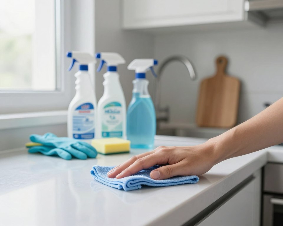 A clean kitchen environment featuring disinfecting of surfaces, with a focus on a countertop being wiped down with a disinfectant cloth. In the foreground, the cloth shines with a visible chemical formula on the label, depicting common disinfectant ingredients like bleach and alcohol. The middle ground showcases various cleaning supplies neatly organized: a spray bottle, rubber gloves, and a cutting board. The background reveals organized kitchen cabinets and a well-lit window allowing natural light to flood in, creating a bright and sterile atmosphere. The scene is captured from a slightly elevated angle, emphasizing both the cleanliness and safety of food preparation areas, evoking a sense of reassurance and awareness regarding disinfectant usage.
