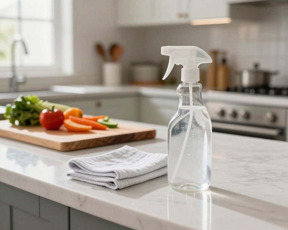 A clean, modern kitchen countertop prominently featuring a disinfectant spray bottle and a reusable microfiber cloth, freshly polished and gleaming. In the foreground, the spray bottle is positioned on the right, partially open to suggest recent use, with droplets of disinfectant visible. The middle ground showcases a cutting board with colorful, freshly washed vegetables, hinting at food preparation, while a few cooking utensils lay neatly beside it. The background presents well-organized kitchen cabinetry and soft, natural lighting streaming in from a nearby window, creating a warm, inviting atmosphere. The overall mood conveys a sense of cleanliness and safety in food preparation, emphasizing the importance of maintaining hygiene in the kitchen.