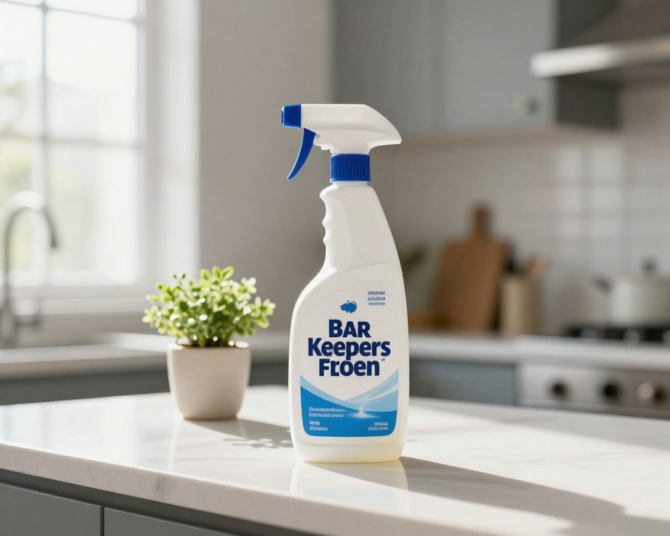 A clean, modern kitchen interior showcasing a bottle of Bar Keepers Friend prominently placed on a pristine countertop. In the foreground, focus on the label of the bottle with reflections suggesting cleanliness and safety. The middle ground features a soft, diffused light illuminating a small houseplant beside the product, symbolizing improved indoor air quality. The background includes airy windows allowing natural sunlight to stream in, enhancing the fresh atmosphere. The scene conveys a sense of tranquility and health, emphasizing the connection between the cleaning product and a safe indoor environment. The lighting should be bright and welcoming, with a shallow depth of field to draw attention to the Bar Keepers Friend bottle while softly blurring the details in the background. A clean, modern kitchen interior showcasing a bottle of Bar Keepers Friend prominently placed on a pristine countertop. In the foreground, focus on the label of the bottle with reflections suggesting cleanliness and safety. The middle ground features a soft, diffused light illuminating a small houseplant beside the product, symbolizing improved indoor air quality. The background includes airy windows allowing natural sunlight to stream in, enhancing the fresh atmosphere. The scene conveys a sense of tranquility and health, emphasizing the connection between the cleaning product and a safe indoor environment. The lighting should be bright and welcoming, with a shallow depth of field to draw attention to the Bar Keepers Friend bottle while softly blurring the details in the background.