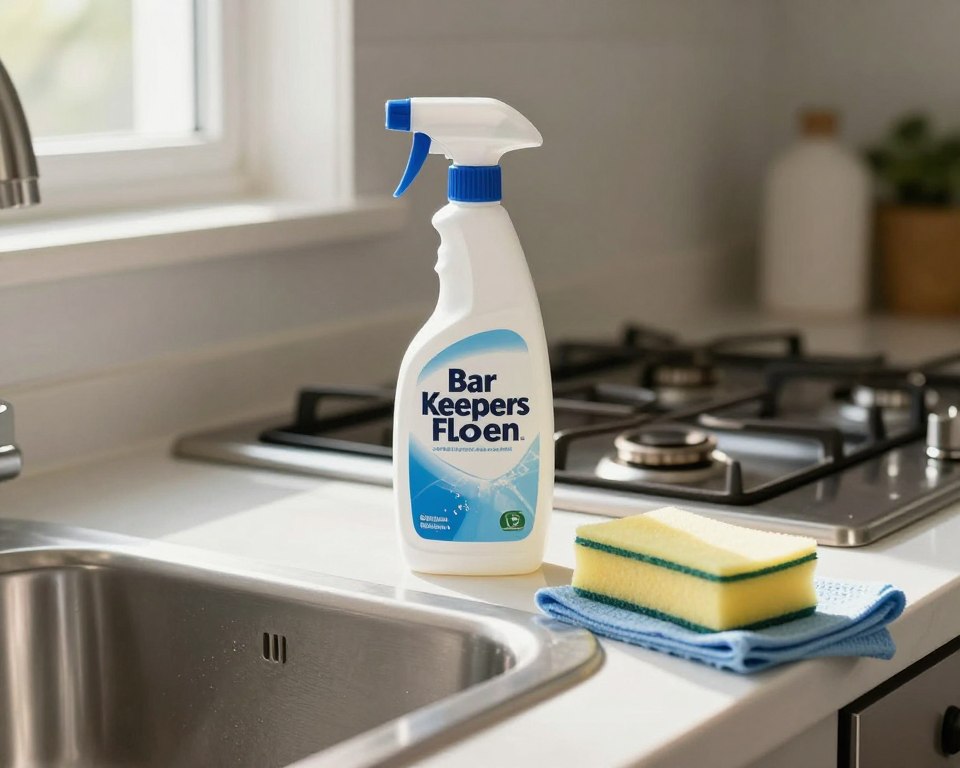 A clean, modern kitchen scene focused on a bottle of Bar Keepers Friend placed prominently on a polished countertop. In the foreground, showcase a sparkling kitchen sink and various cleaning utensils, such as a sponge and cloth, highlighting their use in household cleaning. The middle ground features a gleaming stovetop, with subtle reflections illustrating its cleanliness after using the product. In the background, soft natural light streams through a window, casting gentle shadows and creating a warm, inviting atmosphere. Use a close-up angle to capture the details while maintaining a professional tone, emphasizing the idea of safe and effective cleaning without clutter or distractions. The mood should evoke trust and clarity around household cleaning practices. A clean, modern kitchen scene focused on a bottle of Bar Keepers Friend placed prominently on a polished countertop. In the foreground, showcase a sparkling kitchen sink and various cleaning utensils, such as a sponge and cloth, highlighting their use in household cleaning. The middle ground features a gleaming stovetop, with subtle reflections illustrating its cleanliness after using the product. In the background, soft natural light streams through a window, casting gentle shadows and creating a warm, inviting atmosphere. Use a close-up angle to capture the details while maintaining a professional tone, emphasizing the idea of safe and effective cleaning without clutter or distractions. The mood should evoke trust and clarity around household cleaning practices.