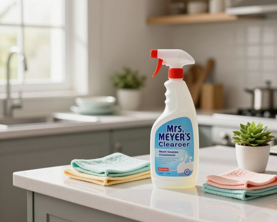 A clean, modern kitchen setting featuring Mrs. Meyer’s Multi-Surface Cleaner prominently displayed on a countertop. In the foreground, a bottle of the cleaner is surrounded by soft, pastel-colored cleaning cloths and a small potted plant for a touch of greenery. The middle of the image showcases a sparkling countertop and a few cleaned dishes, indicating the effective use of the product in a sensitive home environment. The background consists of soft, natural light filtering through a window, casting gentle shadows and highlighting a cozy, inviting atmosphere. The overall mood is fresh, clean, and reassuring, emphasizing the safety and suitability of the product for households with sensitive needs. Use a soft-focus lens effect to enhance the warm, homey vibe. A clean, modern kitchen setting featuring Mrs. Meyer’s Multi-Surface Cleaner prominently displayed on a countertop. In the foreground, a bottle of the cleaner is surrounded by soft, pastel-colored cleaning cloths and a small potted plant for a touch of greenery. The middle of the image showcases a sparkling countertop and a few cleaned dishes, indicating the effective use of the product in a sensitive home environment. The background consists of soft, natural light filtering through a window, casting gentle shadows and highlighting a cozy, inviting atmosphere. The overall mood is fresh, clean, and reassuring, emphasizing the safety and suitability of the product for households with sensitive needs. Use a soft-focus lens effect to enhance the warm, homey vibe.