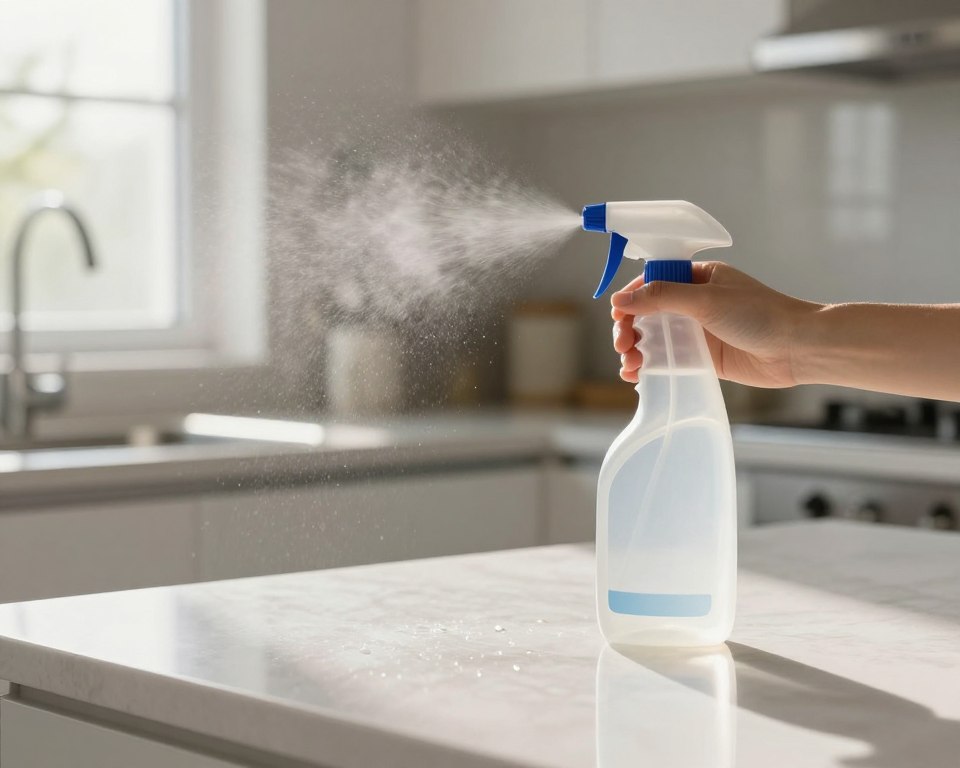 A clean, modern kitchen setting with a focus on a disinfectant spray bottle in the foreground. The spray nozzle is directed towards a gleaming countertop, showcasing droplets of the disinfectant mist suspended in the air, emphasizing its effectiveness. In the middle ground, a few sanitized surfaces glow under natural light filtering through a window, highlighting their cleanliness. The background features minimalistic kitchen appliances, subtly blurred to draw attention to the main subject. Lighting is bright and inviting, casting soft shadows that create a sense of warmth and safety. The mood is reassuring, promoting the science of disinfection and dwell time in a professional and educational environment.