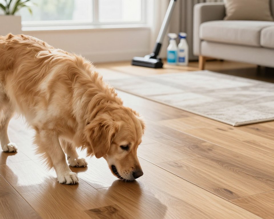 A clean, modern living room showcasing a dog interacting with various flooring materials, including hardwood, tile, and carpet. In the foreground, the dog, a playful Golden Retriever, is curiously sniffing the floor, with a focus on its mouth to emphasize hygiene. The middle of the scene features the different flooring types, highlighting their unique textures and colors. Bright, natural lighting filters in through a window, casting soft shadows that create a warm atmosphere. In the background, subtle cleaning supplies like a vacuum and spray bottles are neatly arranged, reinforcing the theme of cleanliness. The overall mood is light-hearted and informative, encouraging an awareness of canine hygiene and home safety. A clean, modern living room showcasing a dog interacting with various flooring materials, including hardwood, tile, and carpet. In the foreground, the dog, a playful Golden Retriever, is curiously sniffing the floor, with a focus on its mouth to emphasize hygiene. The middle of the scene features the different flooring types, highlighting their unique textures and colors. Bright, natural lighting filters in through a window, casting soft shadows that create a warm atmosphere. In the background, subtle cleaning supplies like a vacuum and spray bottles are neatly arranged, reinforcing the theme of cleanliness. The overall mood is light-hearted and informative, encouraging an awareness of canine hygiene and home safety.
