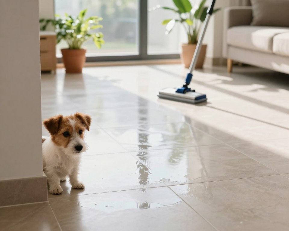A clean, shiny floor in a well-lit, modern living room setting, showcasing the importance of pet safety after mopping. In the foreground, a small dog curiously peeks around a corner, its fur shining with health, embodying alertness and caution. The middle ground features a freshly mopped tile floor reflecting soft sunlight streaming through a large window, emphasizing cleanliness. Potted plants in the background add a touch of natural greenery, creating a comforting atmosphere. Soft shadows contrast with the bright lighting, imparting a sense of warmth. The overall mood is serene yet vigilant, highlighting the need for pet owners to remain aware of potential chemical exposure. Capture the scene from a low angle to enhance the dog's perspective while maintaining focus on the pristine floor. A clean, shiny floor in a well-lit, modern living room setting, showcasing the importance of pet safety after mopping. In the foreground, a small dog curiously peeks around a corner, its fur shining with health, embodying alertness and caution. The middle ground features a freshly mopped tile floor reflecting soft sunlight streaming through a large window, emphasizing cleanliness. Potted plants in the background add a touch of natural greenery, creating a comforting atmosphere. Soft shadows contrast with the bright lighting, imparting a sense of warmth. The overall mood is serene yet vigilant, highlighting the need for pet owners to remain aware of potential chemical exposure. Capture the scene from a low angle to enhance the dog's perspective while maintaining focus on the pristine floor.