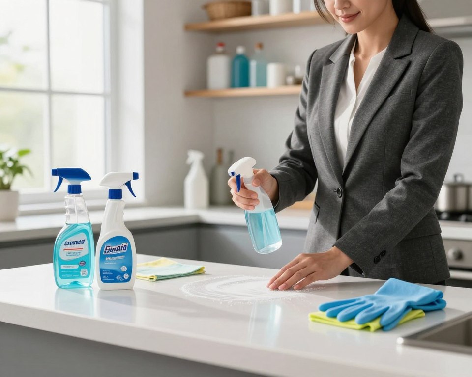 A clean, well-lit kitchen countertop as the foreground, featuring a variety of disinfectant sprays, cloths, and gloves arranged neatly. The middle layer showcases a woman in a professional business attire, demonstrating the correct technique for applying disinfectant spray on the surface, focusing on her hands and the spray nozzle. The background includes shelves with neatly organized cleaning supplies and a large window allowing natural light to illuminate the scene, adding a sense of clarity and freshness. The atmosphere is educational and inviting, emphasizing the importance of proper surface disinfection techniques. Use natural lighting to highlight the products while creating soft shadows that enhance the overall composition. The angle should be slightly above eye-level, providing a comprehensive view of the disinfecting process without clutter.