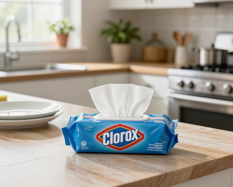 A clean, well-lit kitchen countertop showcases Clorox disinfecting wipes prominently in the foreground. The wipes are partially pulled from their container, revealing their textured surface, and placed next to a sparkling clean ceramic dish and shiny stainless-steel appliances. The middle ground features various household surfaces, including wood and tile, to emphasize surface compatibility. In the background, soft, natural light streams through a window, highlighting potted plants and a neat, organized space that exudes a sense of freshness and cleanliness. The atmosphere is bright, inviting, and professional, creating a feeling of safety and assurance in everyday cleaning practices. The camera angle is slightly above eye level, capturing the entire scene with a warm focus. A clean, well-lit kitchen countertop showcases Clorox disinfecting wipes prominently in the foreground. The wipes are partially pulled from their container, revealing their textured surface, and placed next to a sparkling clean ceramic dish and shiny stainless-steel appliances. The middle ground features various household surfaces, including wood and tile, to emphasize surface compatibility. In the background, soft, natural light streams through a window, highlighting potted plants and a neat, organized space that exudes a sense of freshness and cleanliness. The atmosphere is bright, inviting, and professional, creating a feeling of safety and assurance in everyday cleaning practices. The camera angle is slightly above eye level, capturing the entire scene with a warm focus.