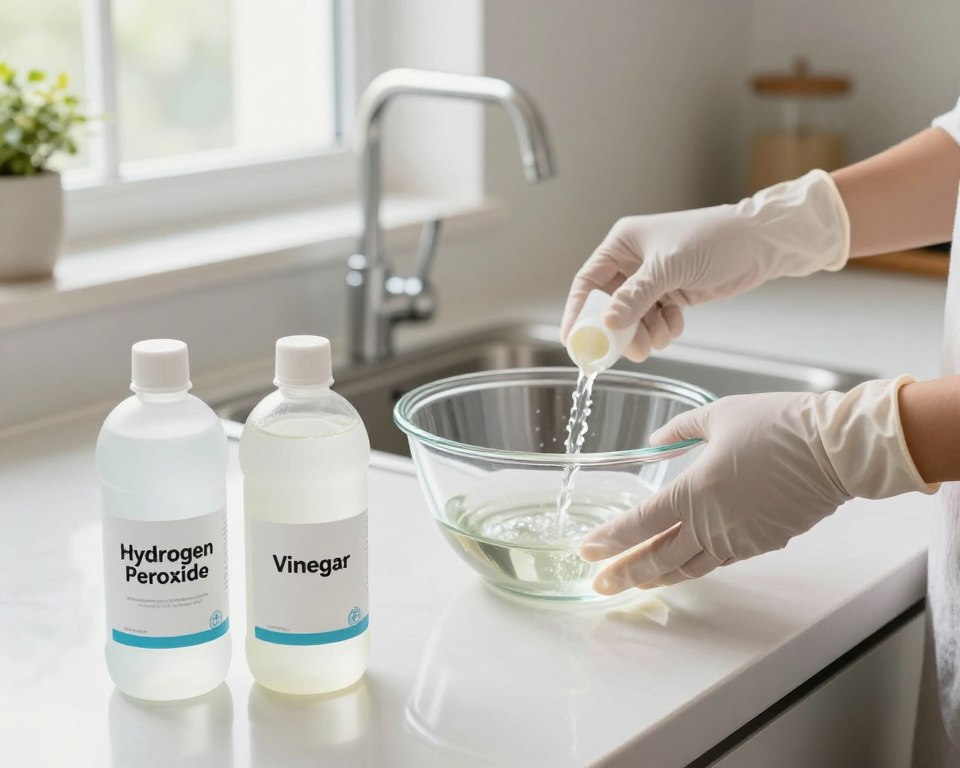 A clean, well-lit kitchen scene showcasing two bottles on a countertop labeled "Hydrogen Peroxide" and "Vinegar". In the foreground, the bottles are prominently displayed, with the labeling clearly visible. In the middle ground, a pair of gloved hands is carefully measuring out the liquids into a clear mixing bowl, illustrating a safe mixing process. The background features a tidy kitchen with bright, natural light coming through a window, highlighting the cleanliness and organization of the space. The atmosphere is focused and educational, emphasizing safety in the cleaning process. The angle is slightly from above, capturing the interaction without distraction. A clean, well-lit kitchen scene showcasing two bottles on a countertop labeled "Hydrogen Peroxide" and "Vinegar". In the foreground, the bottles are prominently displayed, with the labeling clearly visible. In the middle ground, a pair of gloved hands is carefully measuring out the liquids into a clear mixing bowl, illustrating a safe mixing process. The background features a tidy kitchen with bright, natural light coming through a window, highlighting the cleanliness and organization of the space. The atmosphere is focused and educational, emphasizing safety in the cleaning process. The angle is slightly from above, capturing the interaction without distraction.