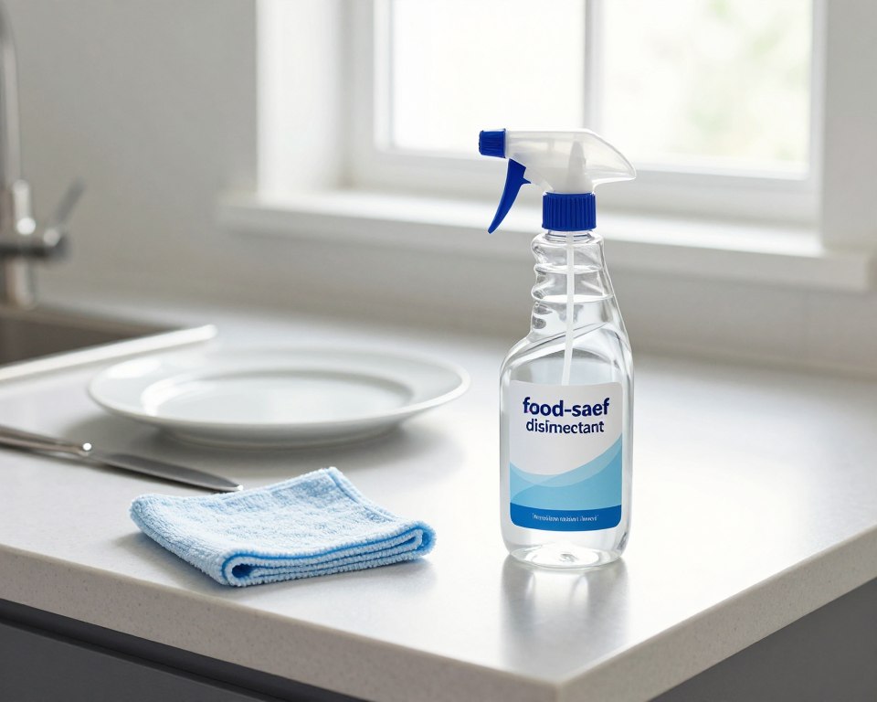 A clean, well-lit kitchen setting featuring a polished countertop where food-surface disinfection is taking place. In the foreground, a spray bottle labeled "food-safe disinfectant," brimming with a clear liquid, is prominently displayed alongside a microfiber cloth. The middle ground shows a sanitized plate and cutlery arranged neatly, embodying cleanliness and safety. In the background, bright natural light streams through a window, illuminating the sterile ambiance and enhancing the sense of cleanliness. The mood is professional and reassuring, conveying compliance with regulatory standards. The camera angle is slightly elevated, focusing on the disinfection process, with a shallow depth of field that softly blurs the background, emphasizing the importance of safe practices around food.