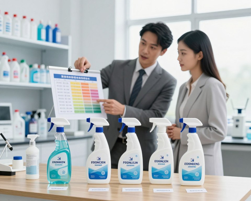 A clean, well-lit laboratory workspace showcasing various brands of disinfectant sprays arranged on a wooden table in the foreground, with clear labels and elegant packaging. In the middle ground, a pair of professional individuals, a man and a woman, both dressed in smart business attire, are attentively discussing the compatibility of the products, pointing toward a color-coded chart that illustrates proper use and safety guidelines. The background features shelves stocked with cleaning supplies and a bright, sterile atmosphere created by soft, natural lighting from a large window, enhancing the focus on cleanliness and professionalism. The overall mood is informative and encouraging, ideal for illustrating best practices for switching between disinfectant brands.