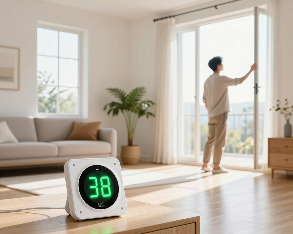 A clean, well-lit room with large windows slightly open, allowing fresh air to flow in, symbolizing "ventilation time." In the foreground, a modern air quality monitor displays green lights, indicating optimal air quality. The middle ground showcases a neatly arranged living space with minimalist furniture, including a sofa and a potted plant, conveying a fresh and breathable environment. In the background, bright daylight streams in, casting soft shadows, enhancing the serene atmosphere. A professional, casually dressed individual is adjusting the window, embodying the proactive approach to ventilation. The image should evoke a sense of cleanliness, freshness, and the importance of breathing clean air, with a warm and inviting feel. Use natural lighting to create a cozy and safe ambiance, ensuring the space feels open and inviting. A clean, well-lit room with large windows slightly open, allowing fresh air to flow in, symbolizing "ventilation time." In the foreground, a modern air quality monitor displays green lights, indicating optimal air quality. The middle ground showcases a neatly arranged living space with minimalist furniture, including a sofa and a potted plant, conveying a fresh and breathable environment. In the background, bright daylight streams in, casting soft shadows, enhancing the serene atmosphere. A professional, casually dressed individual is adjusting the window, embodying the proactive approach to ventilation. The image should evoke a sense of cleanliness, freshness, and the importance of breathing clean air, with a warm and inviting feel. Use natural lighting to create a cozy and safe ambiance, ensuring the space feels open and inviting.