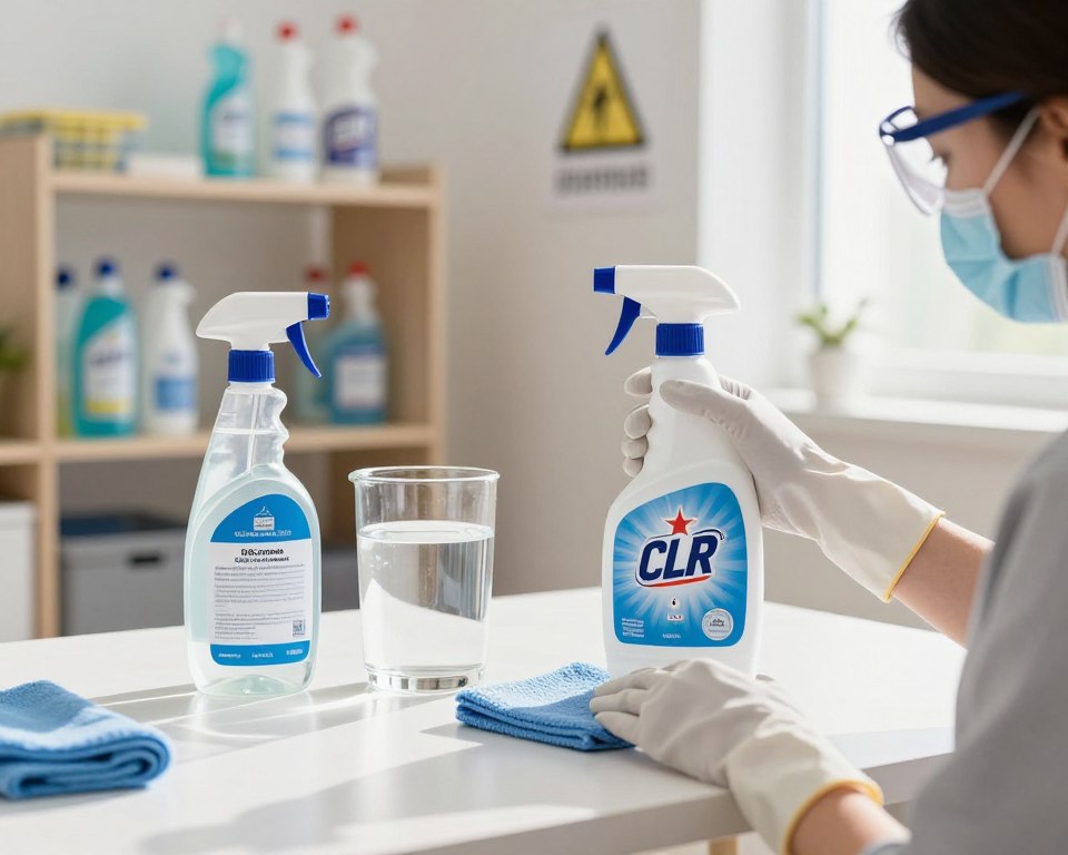 A clean, well-organized workspace showcases best practices for handling CLR cleaner safely. In the foreground, a gloved hand carefully holds a bottle of CLR cleaner, wearing safety goggles and a mask, emphasizing personal protective equipment. In the middle, a tidy table displays various safety tools: a spray bottle of water, a microfiber cloth, and clear labels indicating safety protocols. In the background, a well-lit storage shelf holds additional cleaning supplies, with safety signs clearly visible. Natural light streams through the window, creating a bright and inviting atmosphere while casting soft shadows. The overall mood is professional and instructional, highlighting the importance of safe handling techniques. A clean, well-organized workspace showcases best practices for handling CLR cleaner safely. In the foreground, a gloved hand carefully holds a bottle of CLR cleaner, wearing safety goggles and a mask, emphasizing personal protective equipment. In the middle, a tidy table displays various safety tools: a spray bottle of water, a microfiber cloth, and clear labels indicating safety protocols. In the background, a well-lit storage shelf holds additional cleaning supplies, with safety signs clearly visible. Natural light streams through the window, creating a bright and inviting atmosphere while casting soft shadows. The overall mood is professional and instructional, highlighting the importance of safe handling techniques.